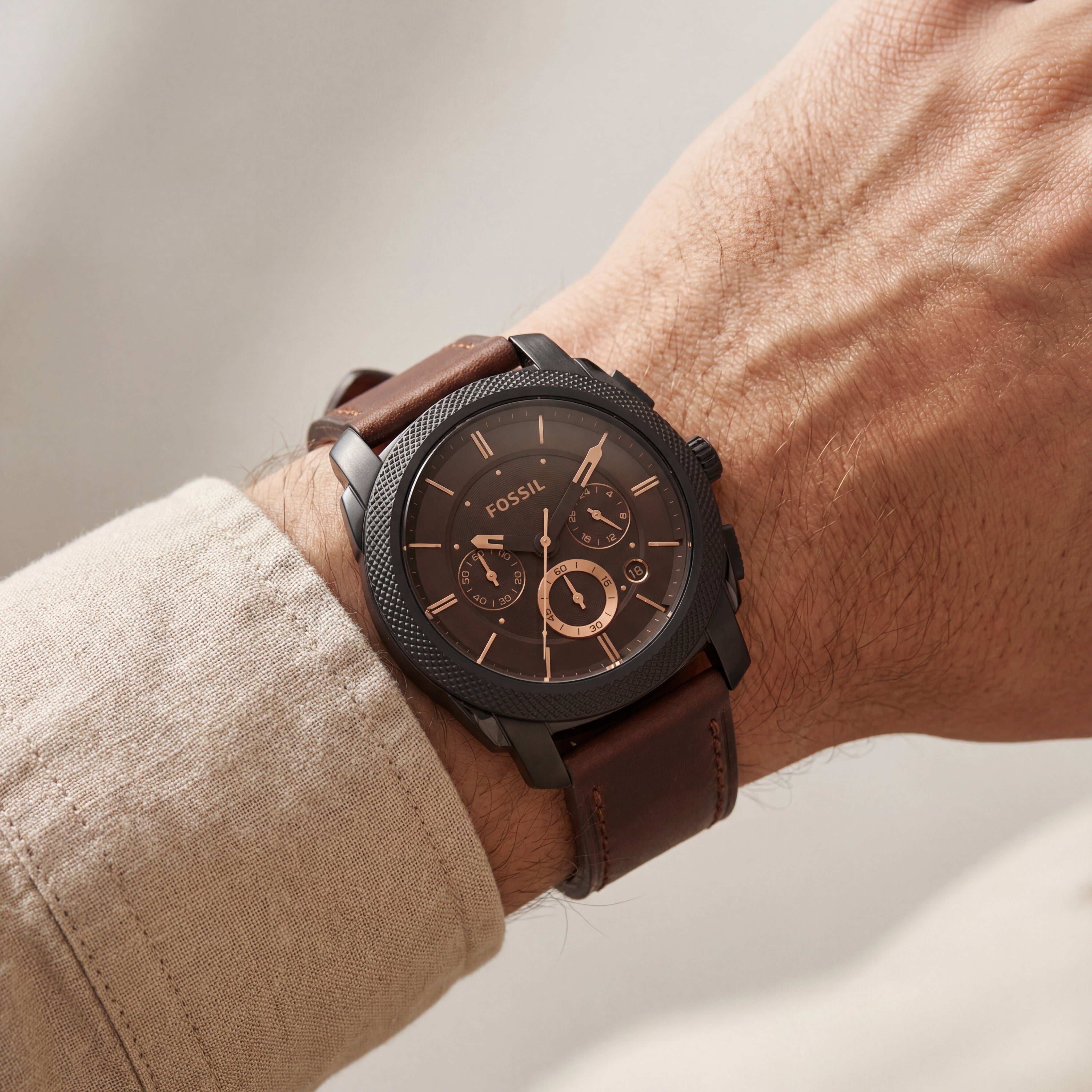 Black Case Chronograph Men’s Watch with Brown Leather Strap