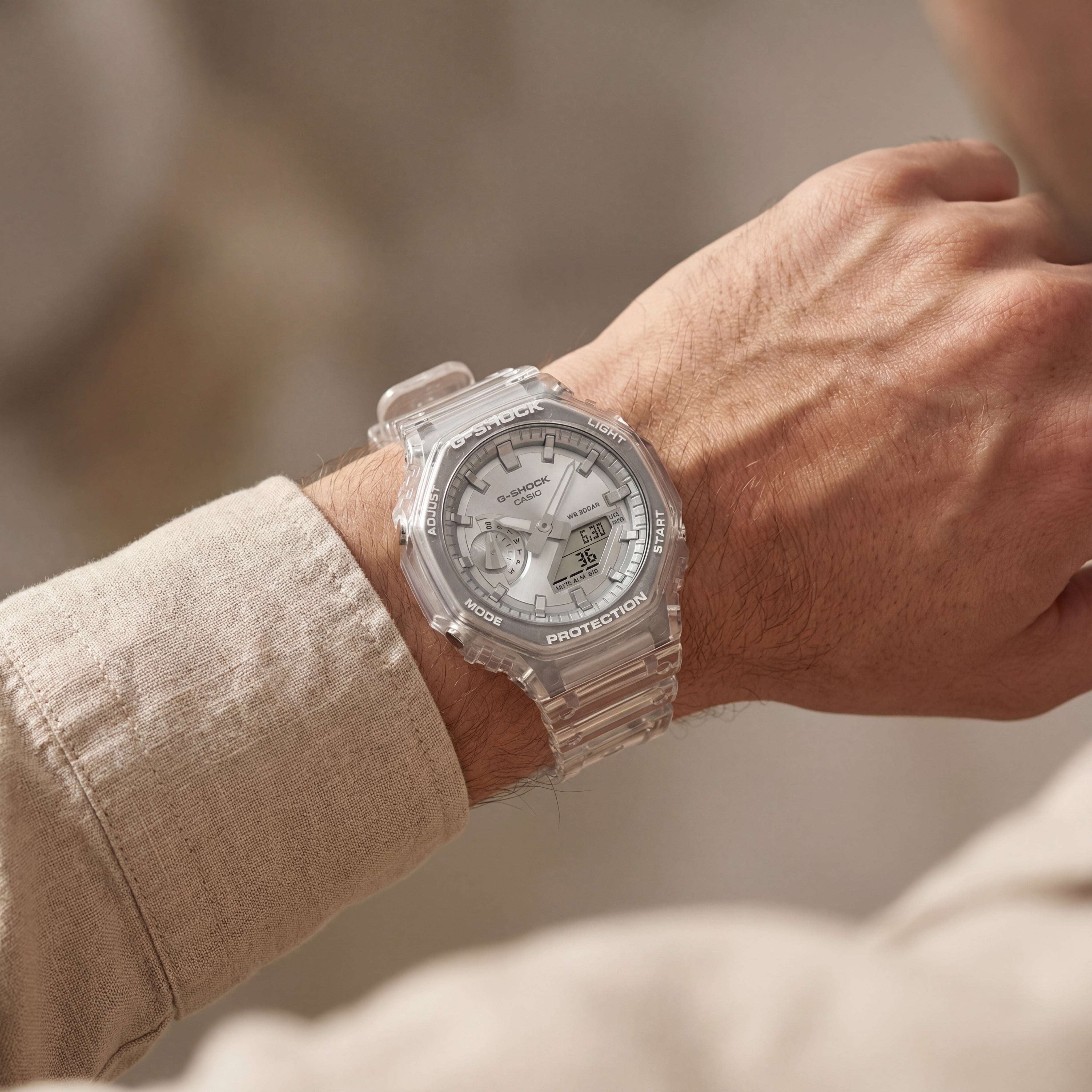 Transparent Case Silver Dial Digital-Analog Sports Watch