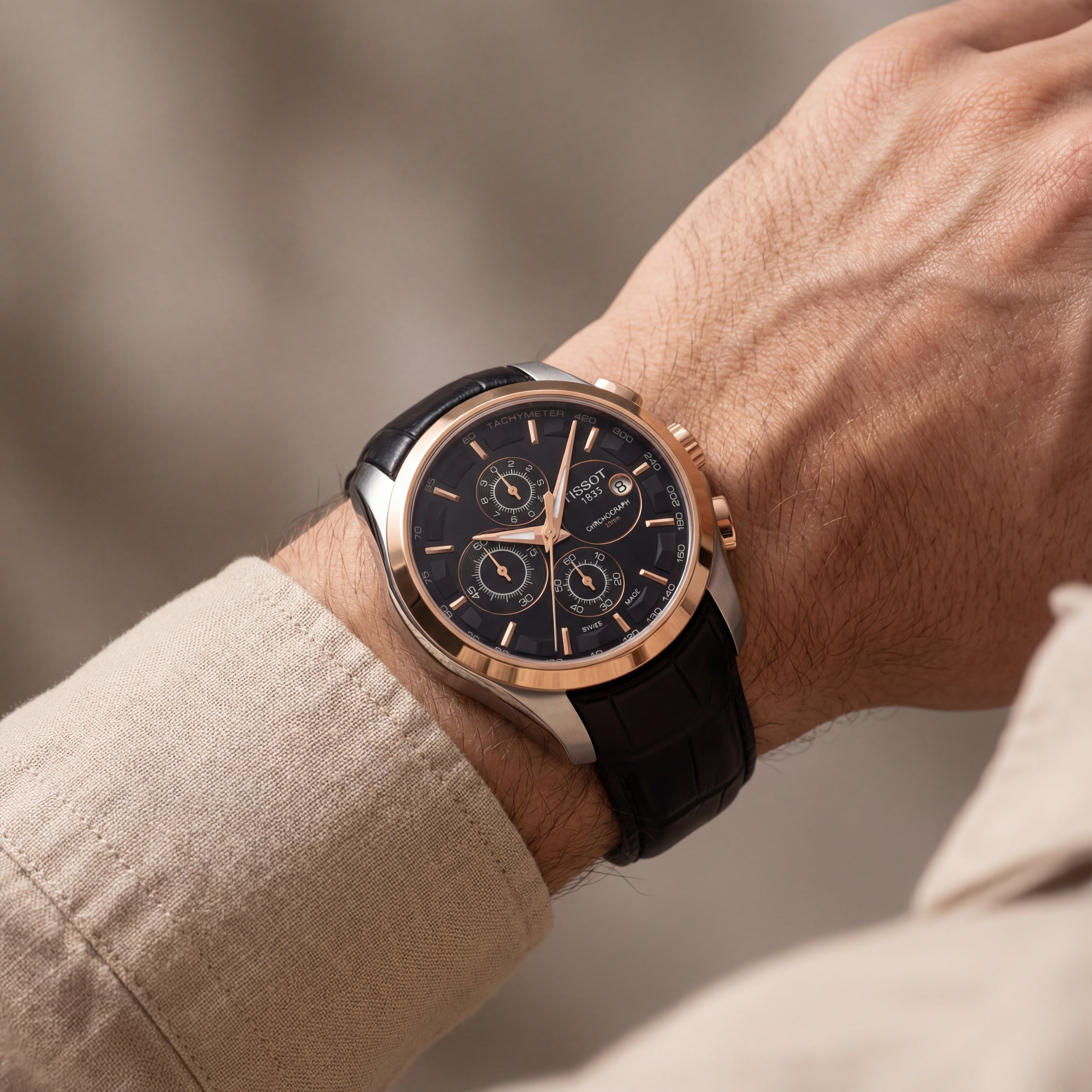Premium Chronograph Style Watch – Black Dial & Rose Gold Finish