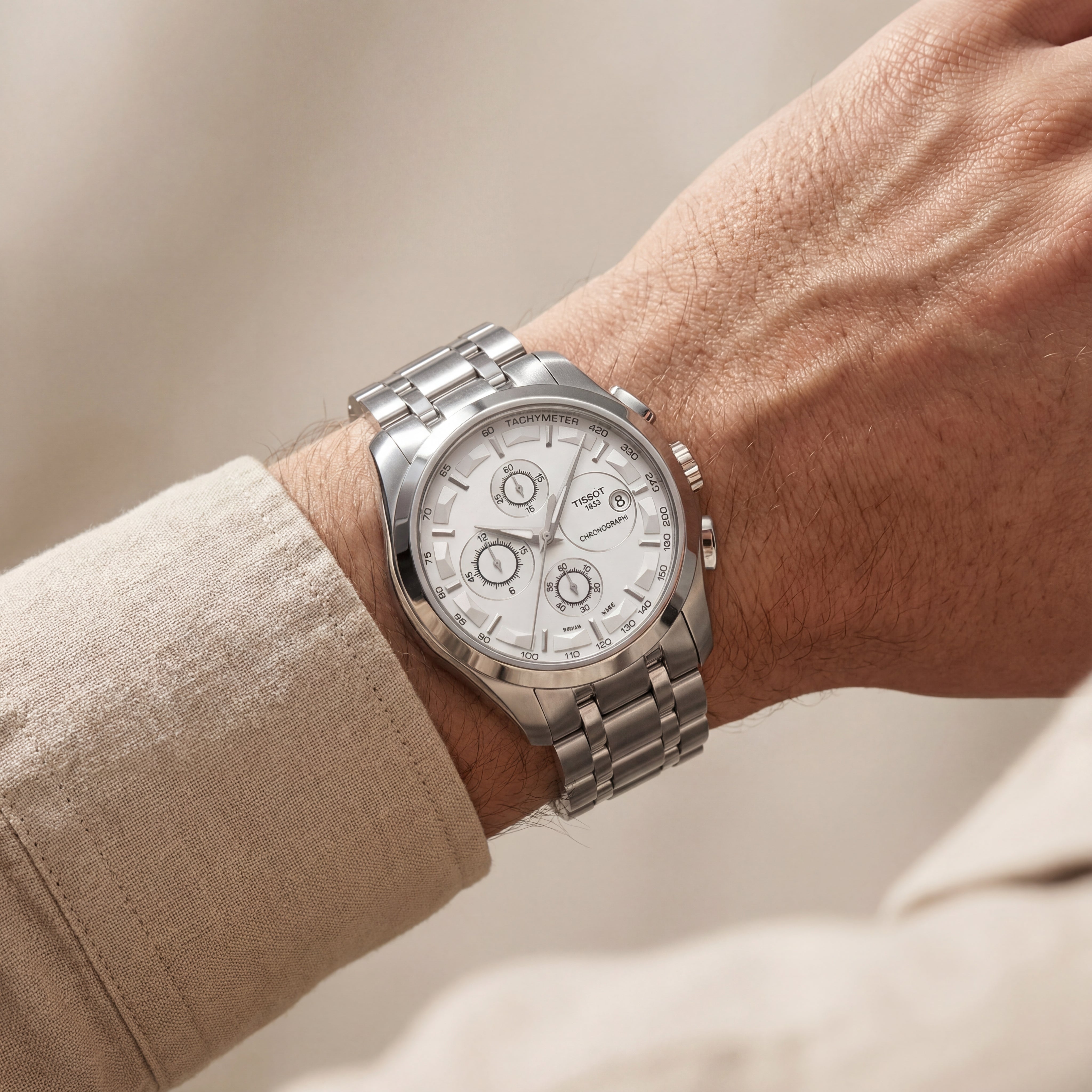 Premium Silver Chronograph Watch with White Dial & Steel Bracelet