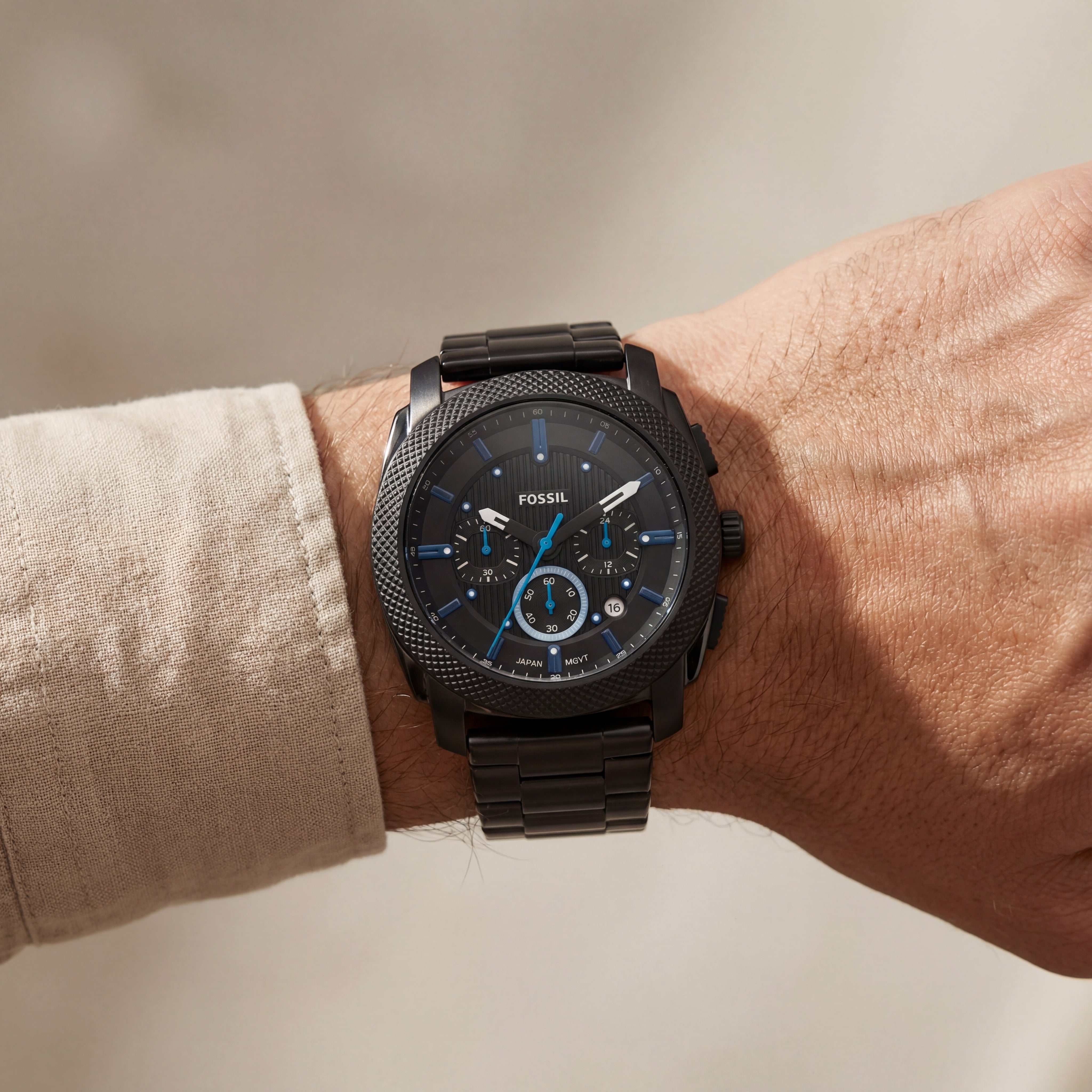 Black Steel Chronograph Watch with Blue Accents for Men