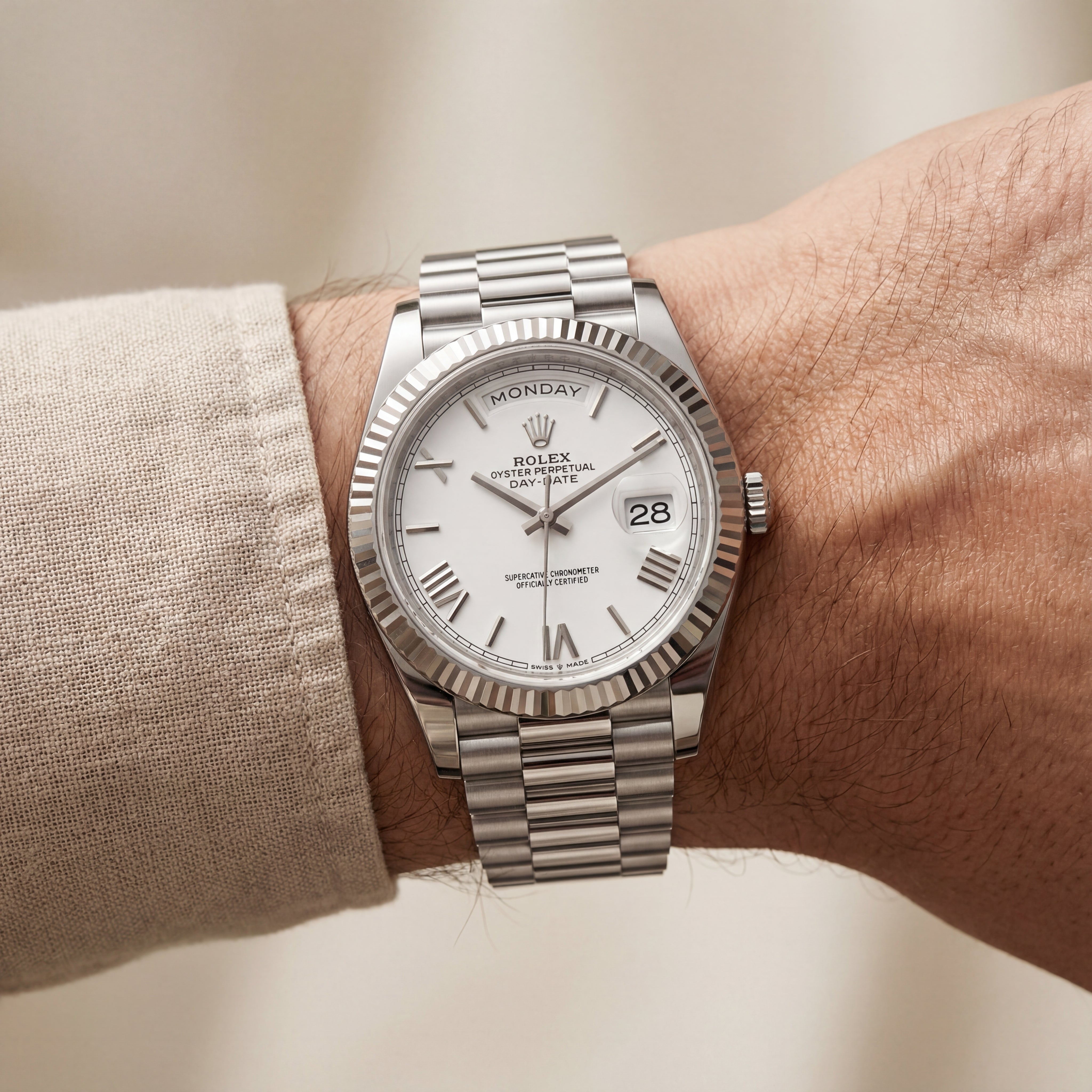 Classic White Dial Fluted Steel Day-Date Watch