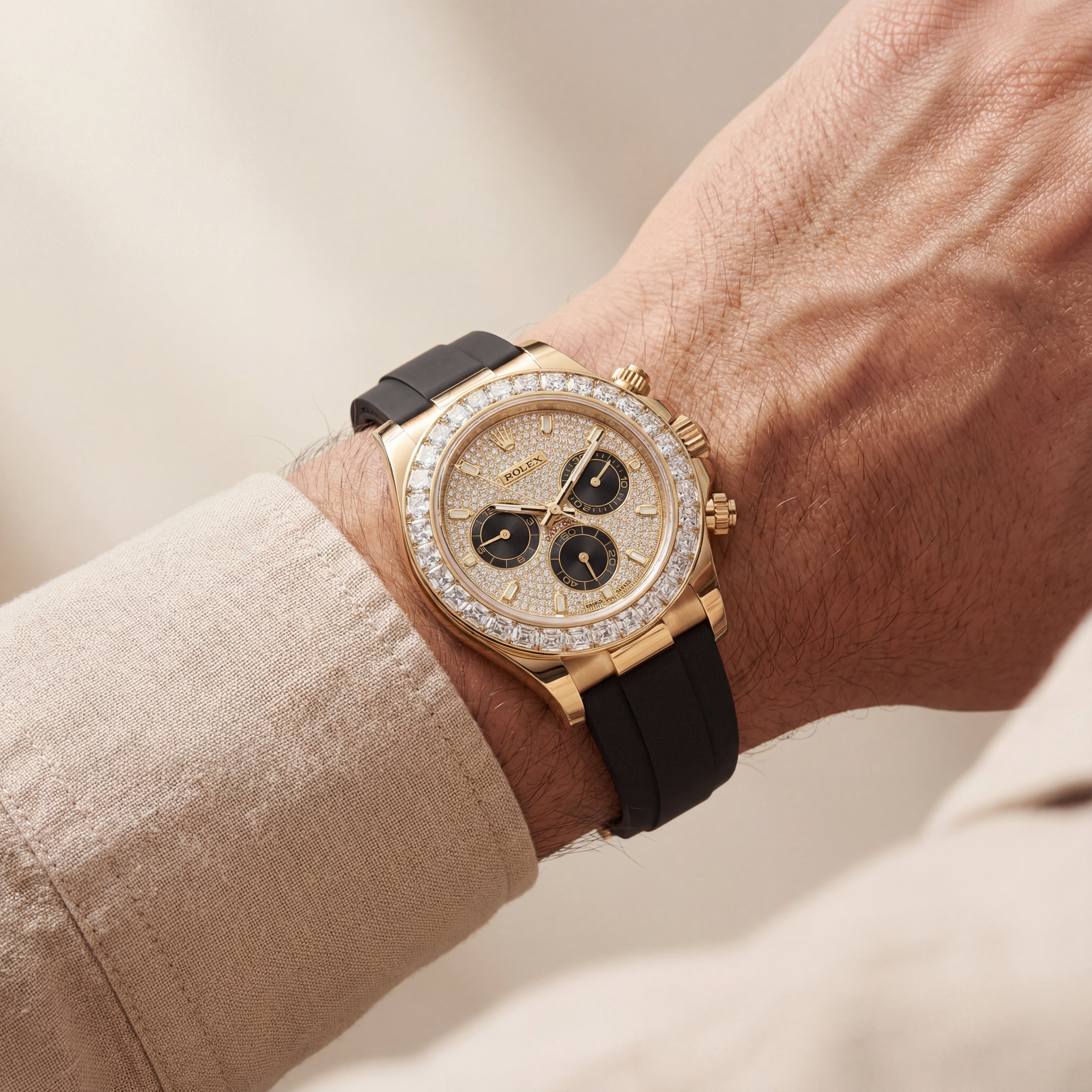 Gold Finish Diamond Bezel Chronograph Watch with Black Rubber Strap