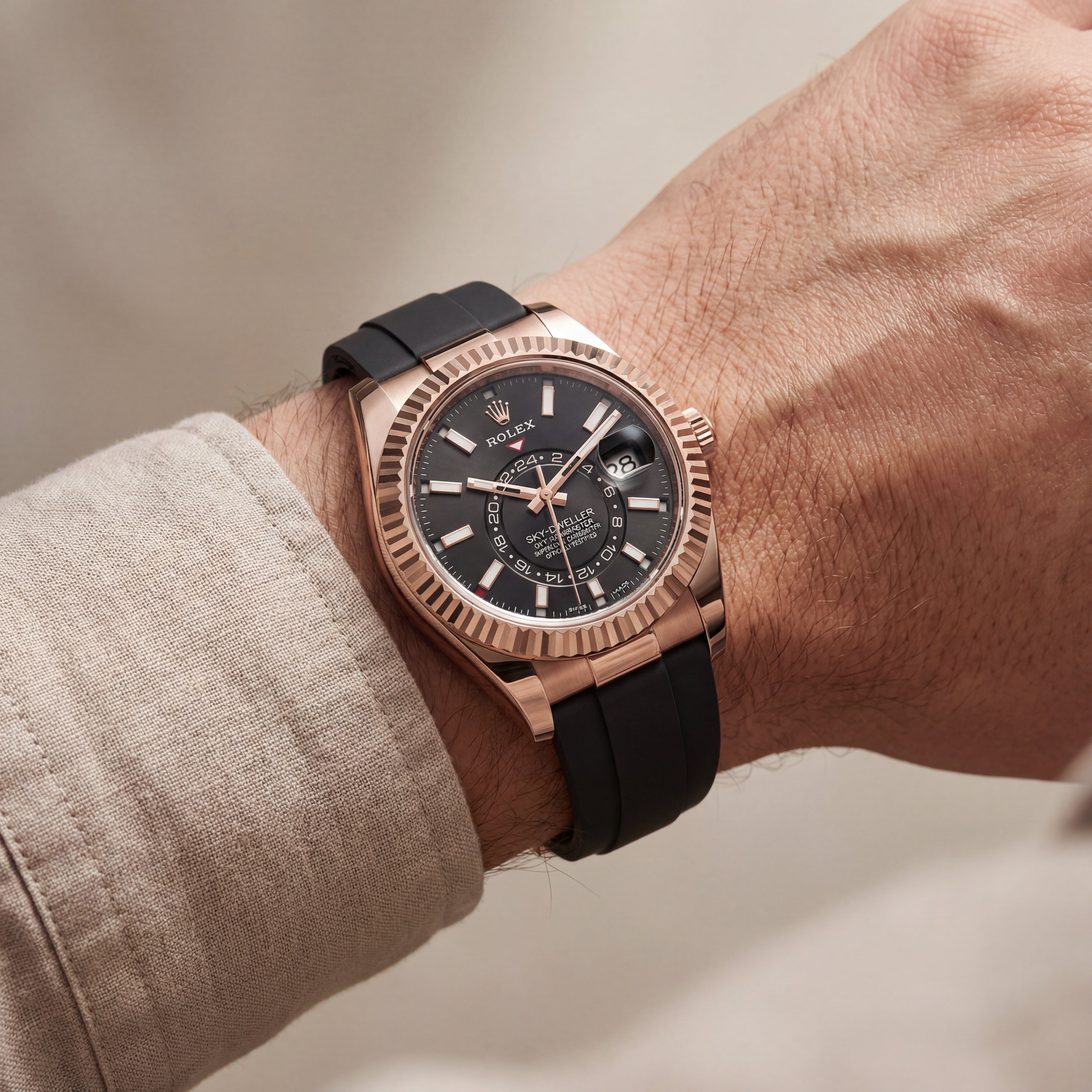Rose Gold Black Dial Fluted Bezel Premium Men’s Watch with Rubber Strap