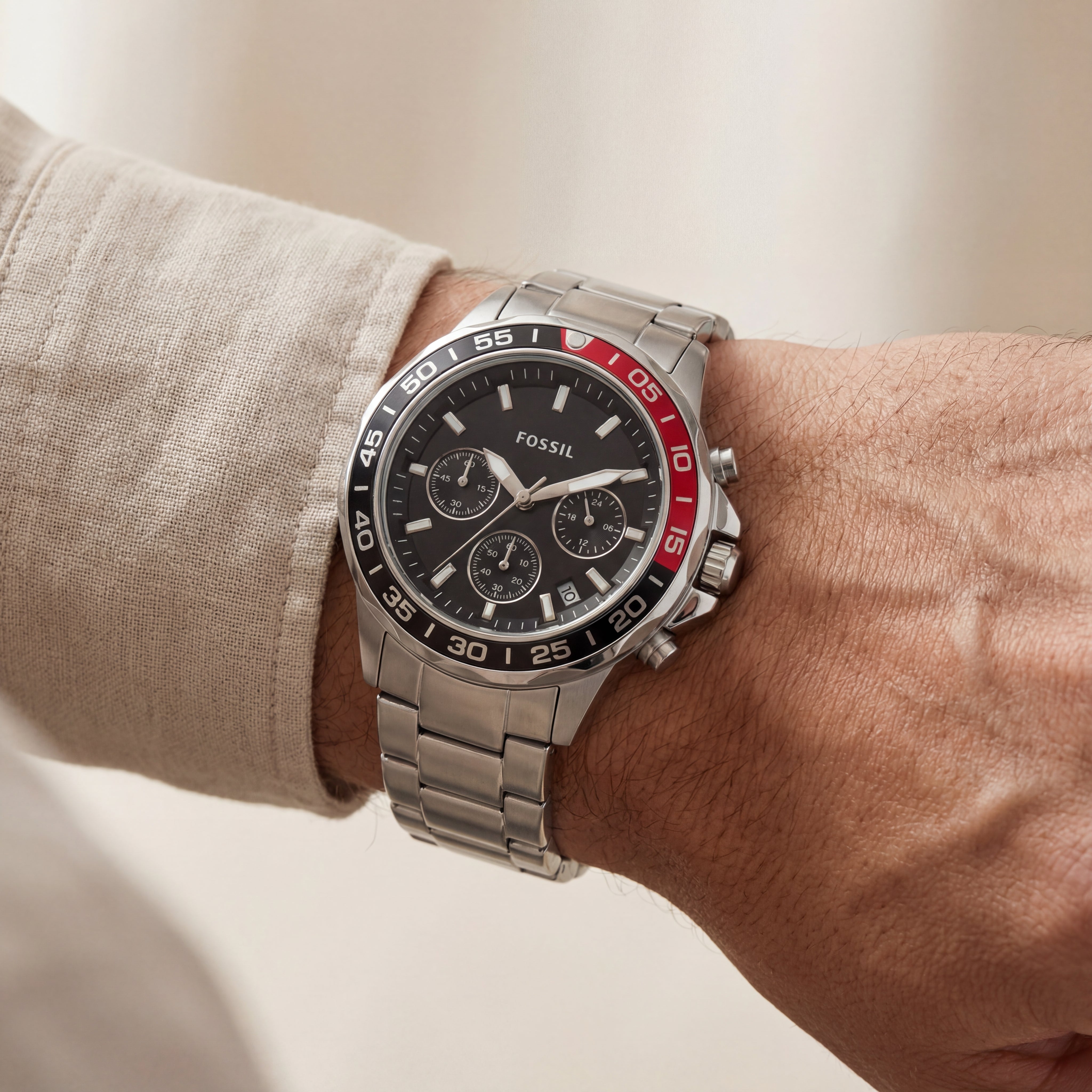 Steel Black Dial Red-Accent Chronograph Men’s Watch