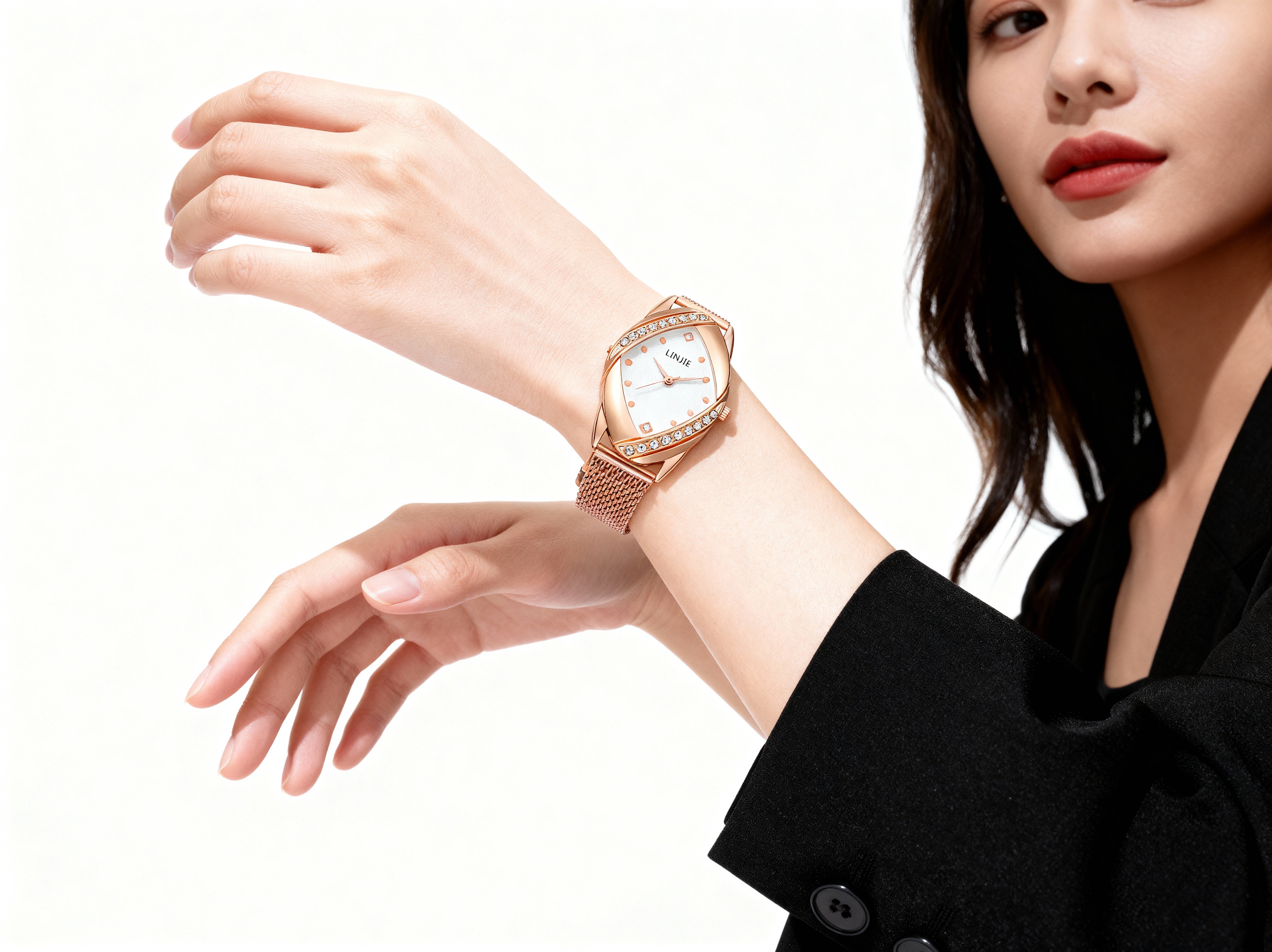 LINJIE Luxury Rose-Gold Crystal Mesh Women’s Watch