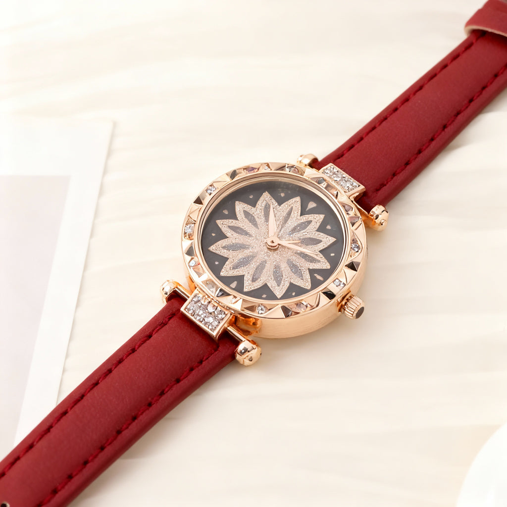 Women’s Luxury Rose-Gold Floral Crystal Dial Watch