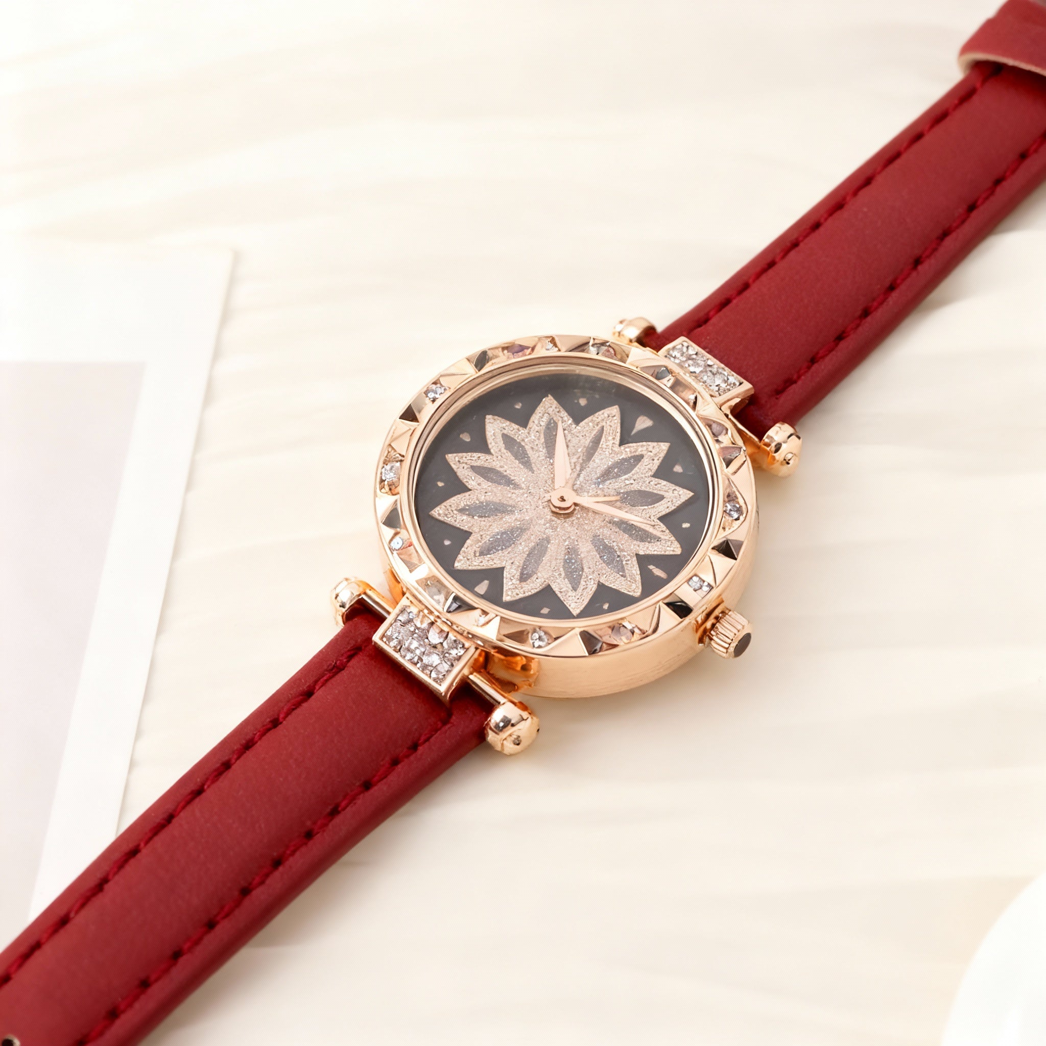 Women’s Luxury Rose-Gold Floral Crystal Dial Watch