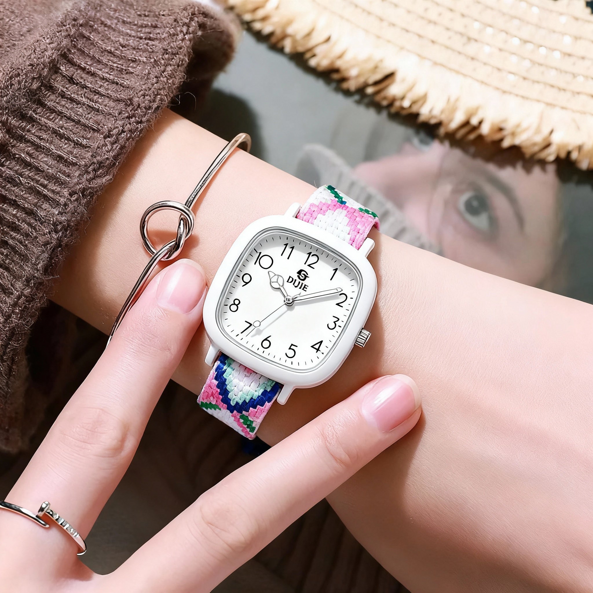 Women’s Woven Pastel Strap Square Dial Watch