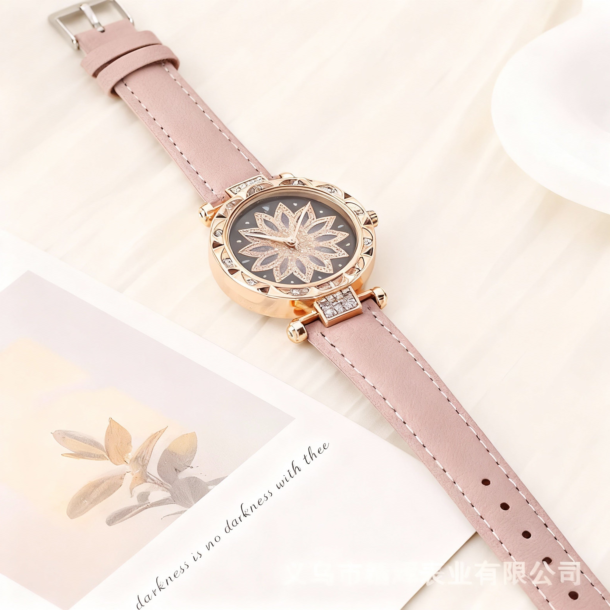 Women’s Rose-Gold Floral Crystal Dial Watch with Soft Pink Leather Strap