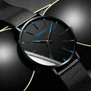 Men’s Ultra-Slim Black Mesh Strap Watch with Blue Accent Markers
