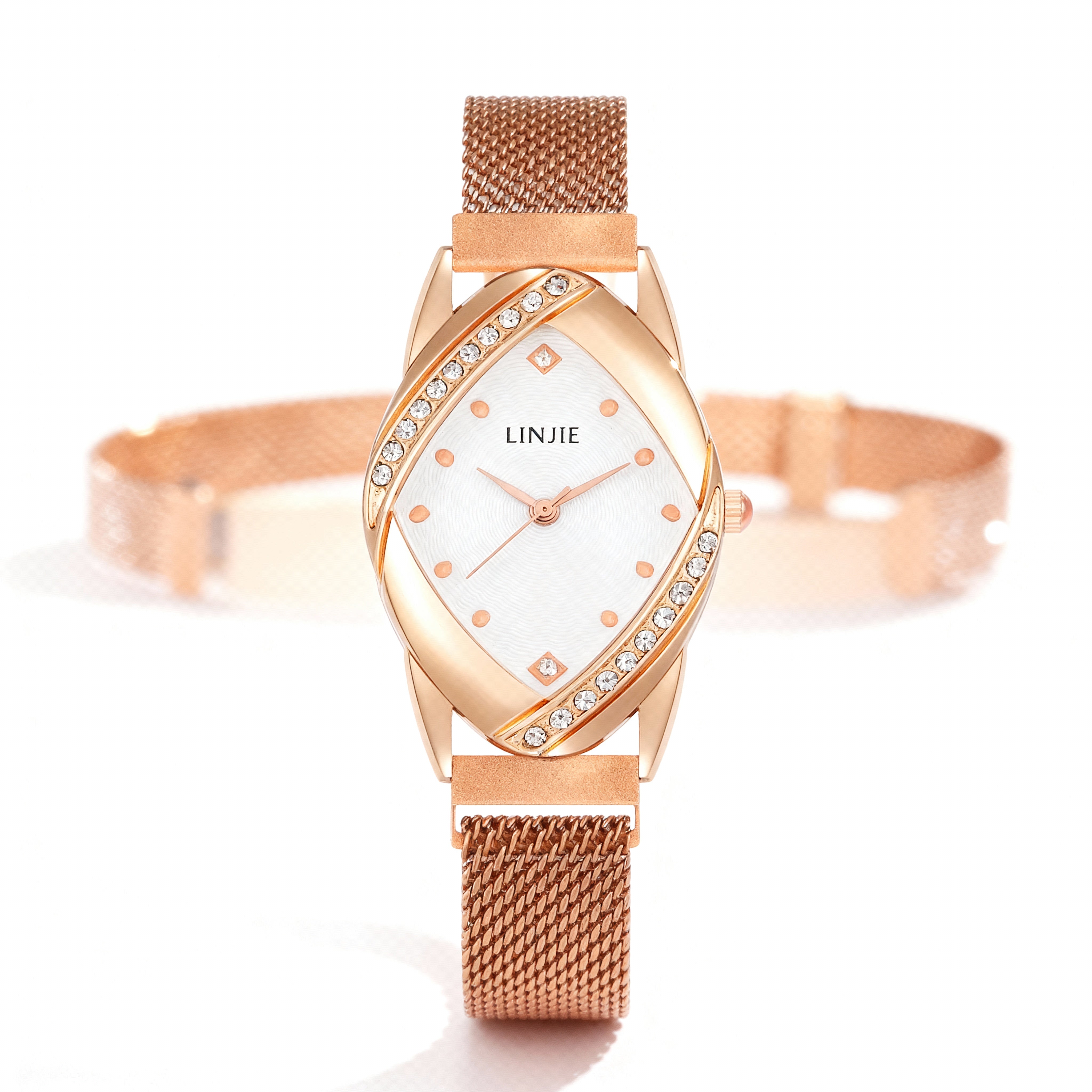 LINJIE Luxury Rose-Gold Crystal Mesh Women’s Watch