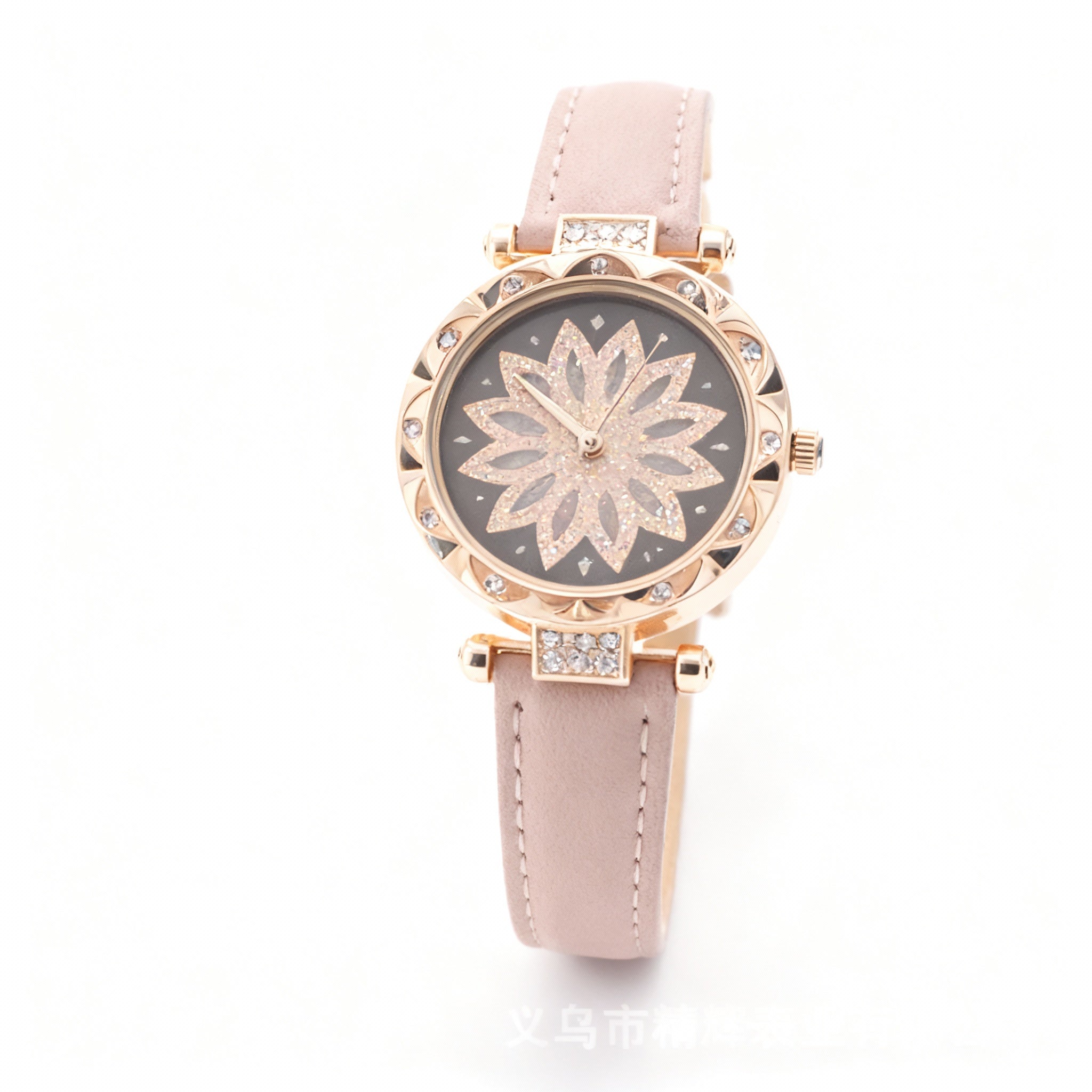 Women’s Rose-Gold Floral Crystal Dial Watch with Soft Pink Leather Strap