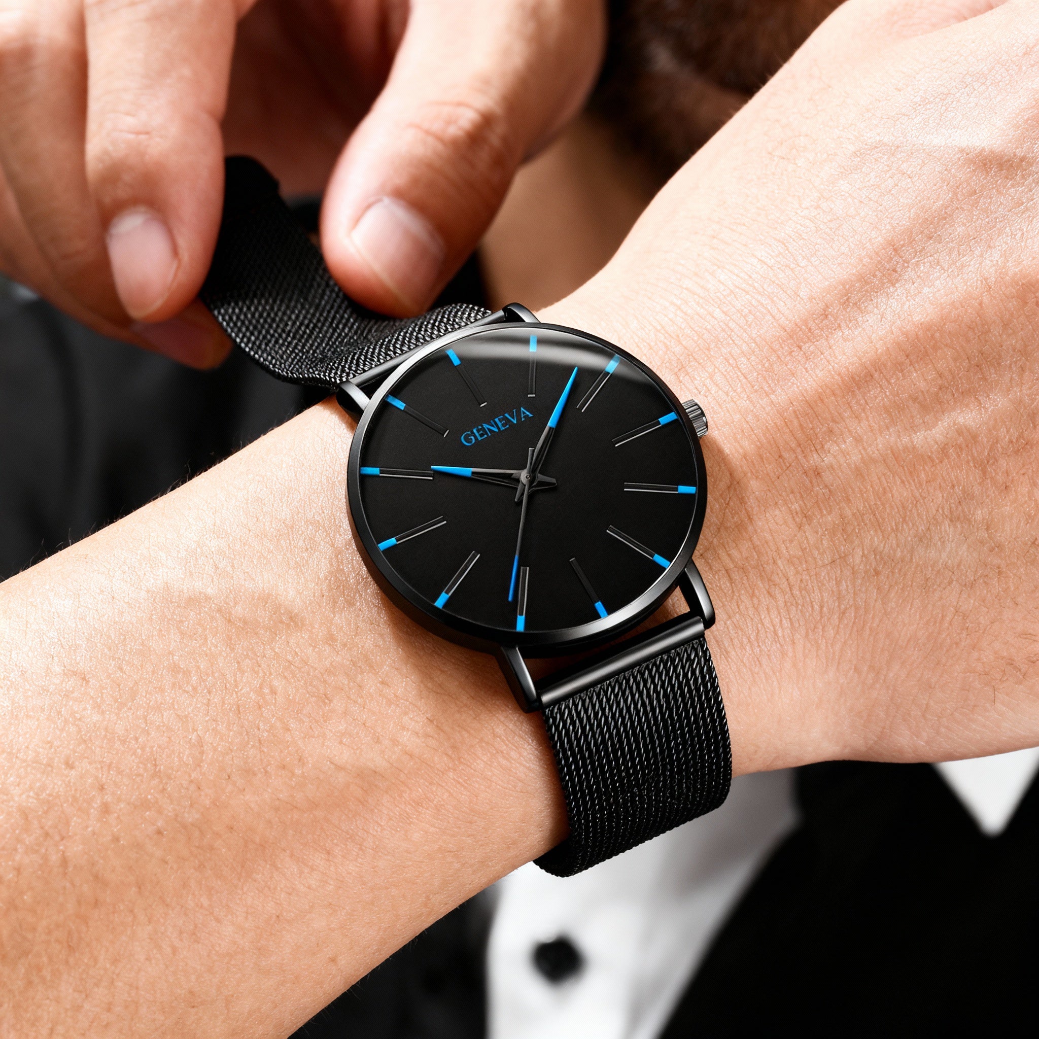 Men’s Ultra-Slim Black Mesh Strap Watch with Blue Accent Markers