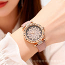 Women’s Rose-Gold Floral Crystal Dial Watch with Soft Pink Leather Strap