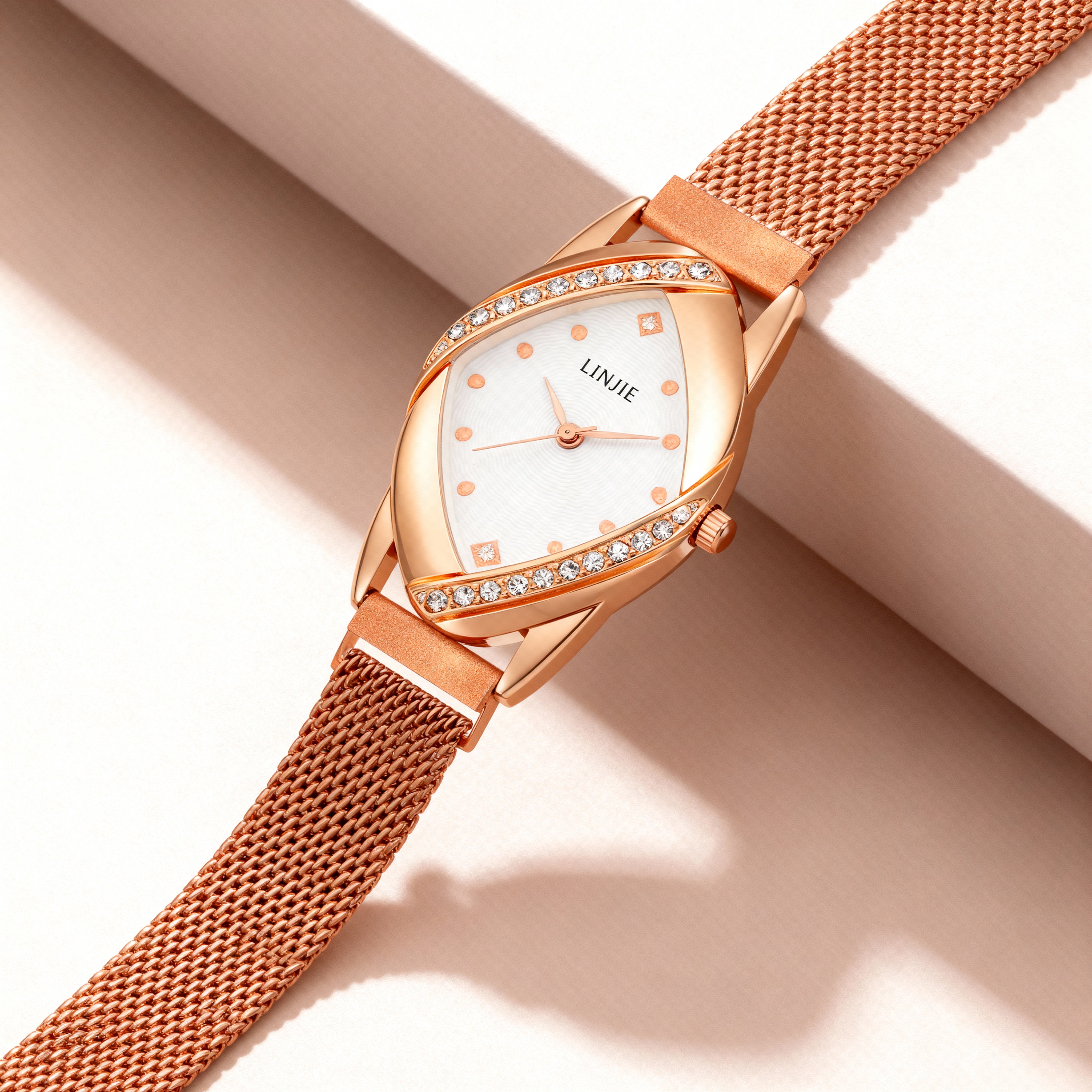 LINJIE Luxury Rose-Gold Crystal Mesh Women’s Watch