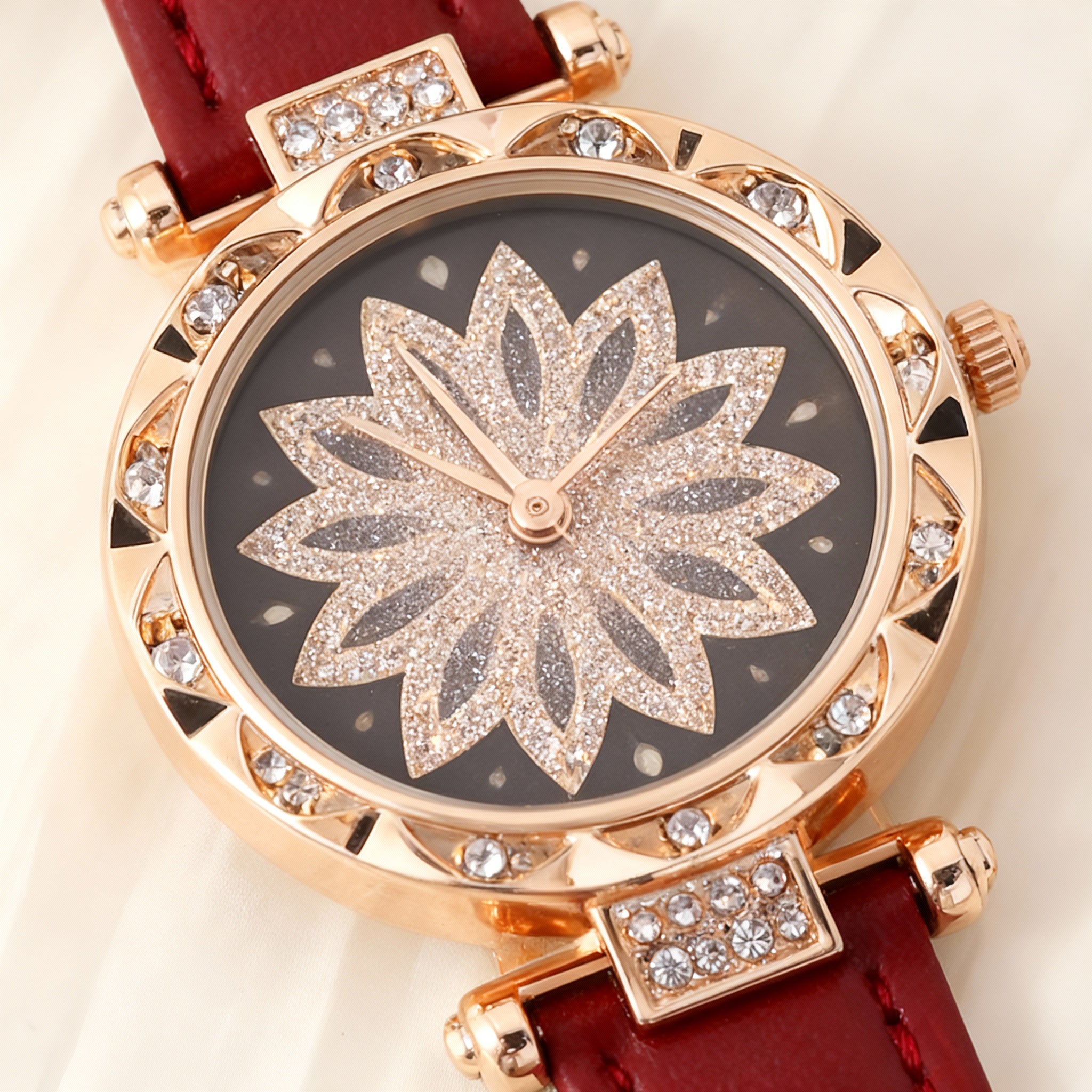 Women’s Luxury Rose-Gold Floral Crystal Dial Watch