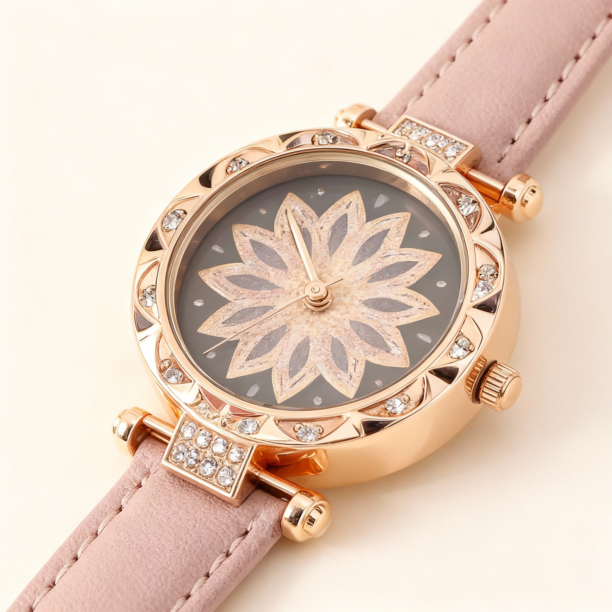 Women’s Rose-Gold Floral Crystal Dial Watch with Soft Pink Leather Strap