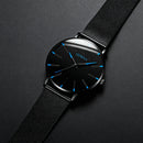 Men’s Ultra-Slim Black Mesh Strap Watch with Blue Accent Markers
