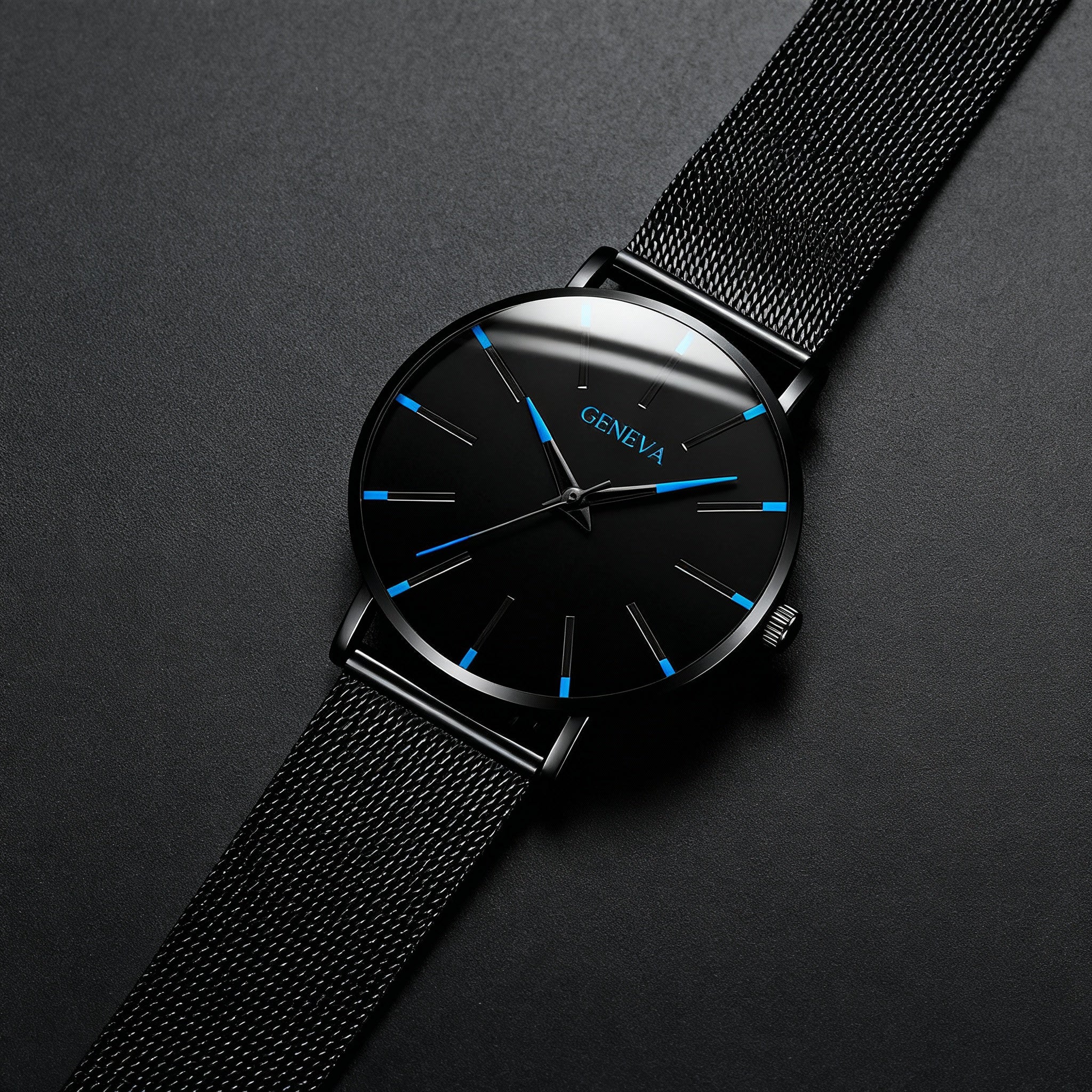 Men’s Ultra-Slim Black Mesh Strap Watch with Blue Accent Markers