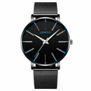 Men’s Ultra-Slim Black Mesh Strap Watch with Blue Accent Markers