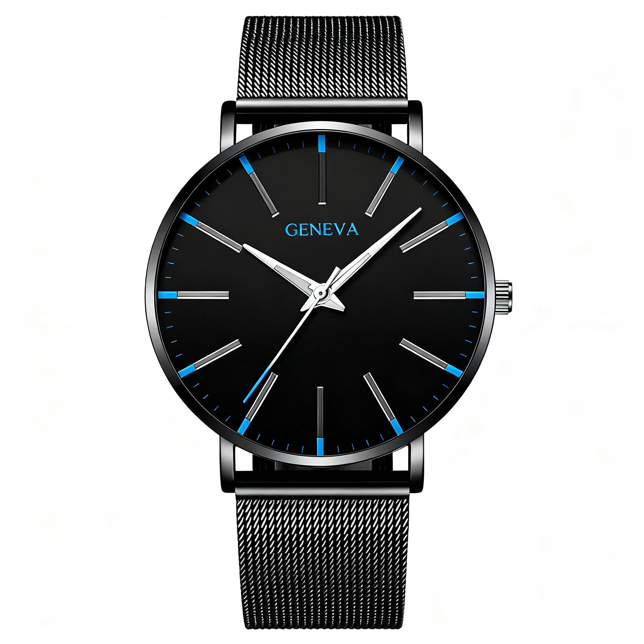 Men’s Ultra-Slim Black Mesh Strap Watch with Blue Accent Markers