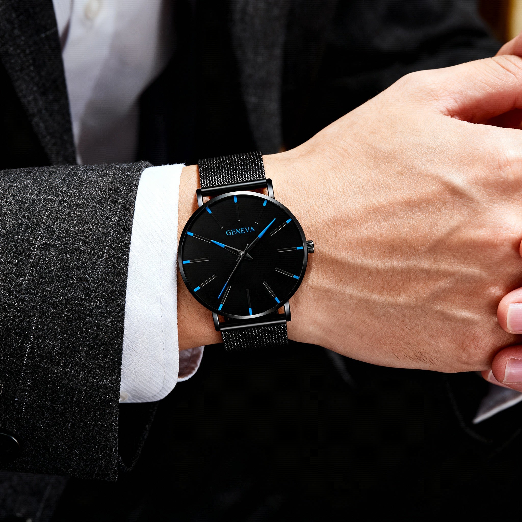 Men’s Ultra-Slim Black Mesh Strap Watch with Blue Accent Markers