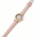Women’s Rose-Gold Floral Crystal Dial Watch with Soft Pink Leather Strap