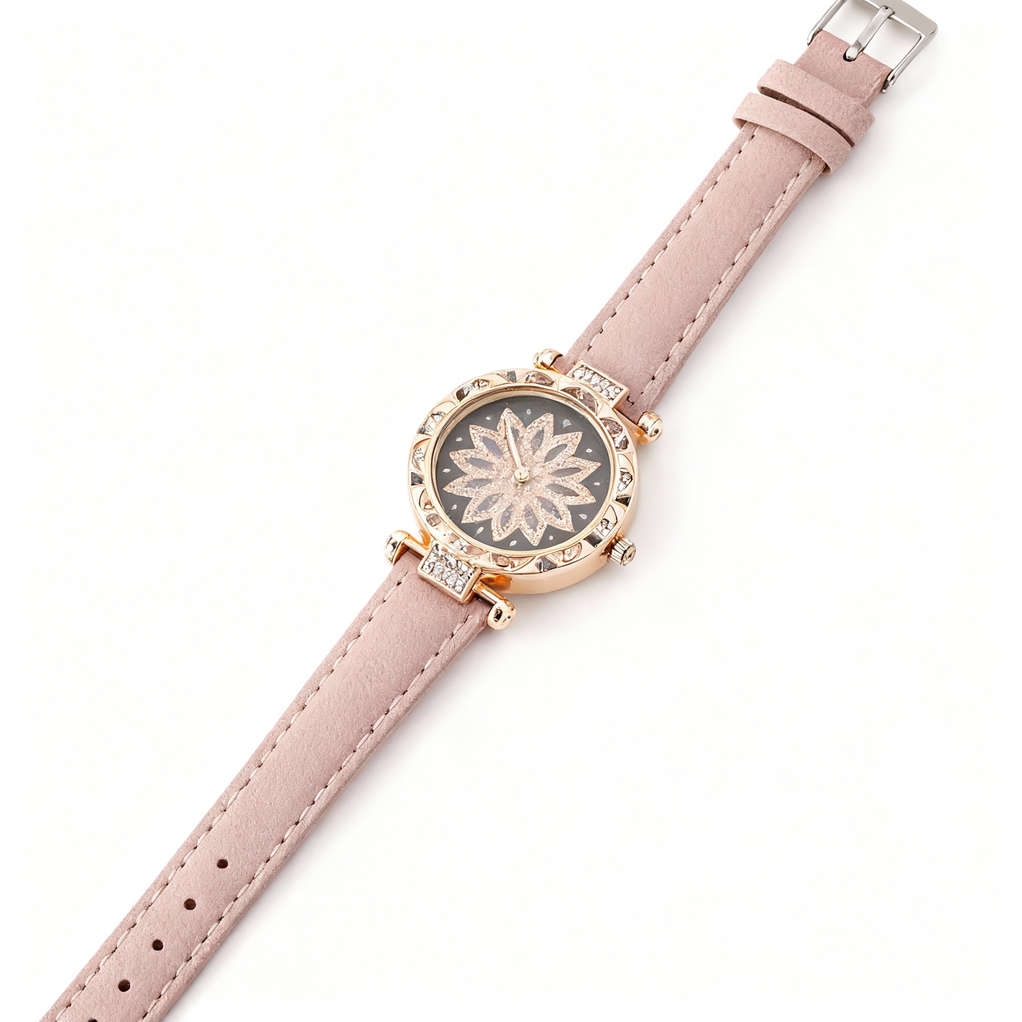Women’s Rose-Gold Floral Crystal Dial Watch with Soft Pink Leather Strap