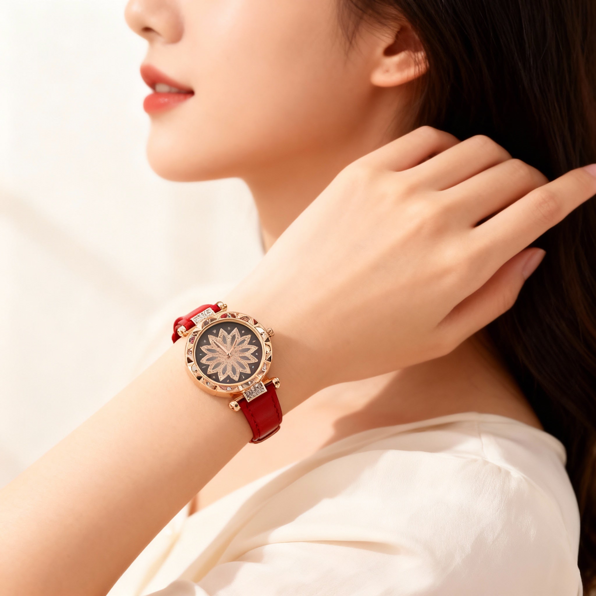 Women’s Luxury Rose-Gold Floral Crystal Dial Watch