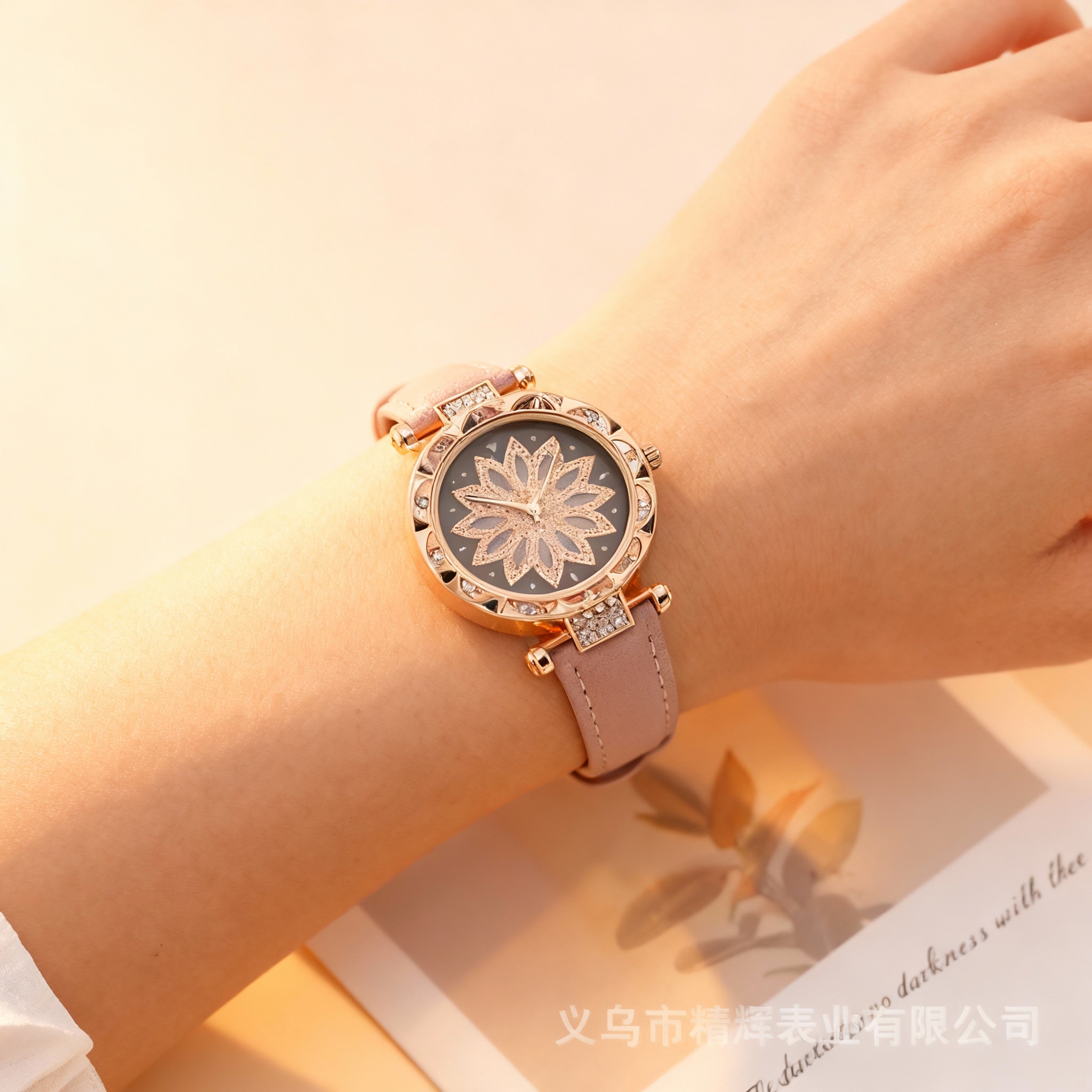 Women’s Rose-Gold Floral Crystal Dial Watch with Soft Pink Leather Strap