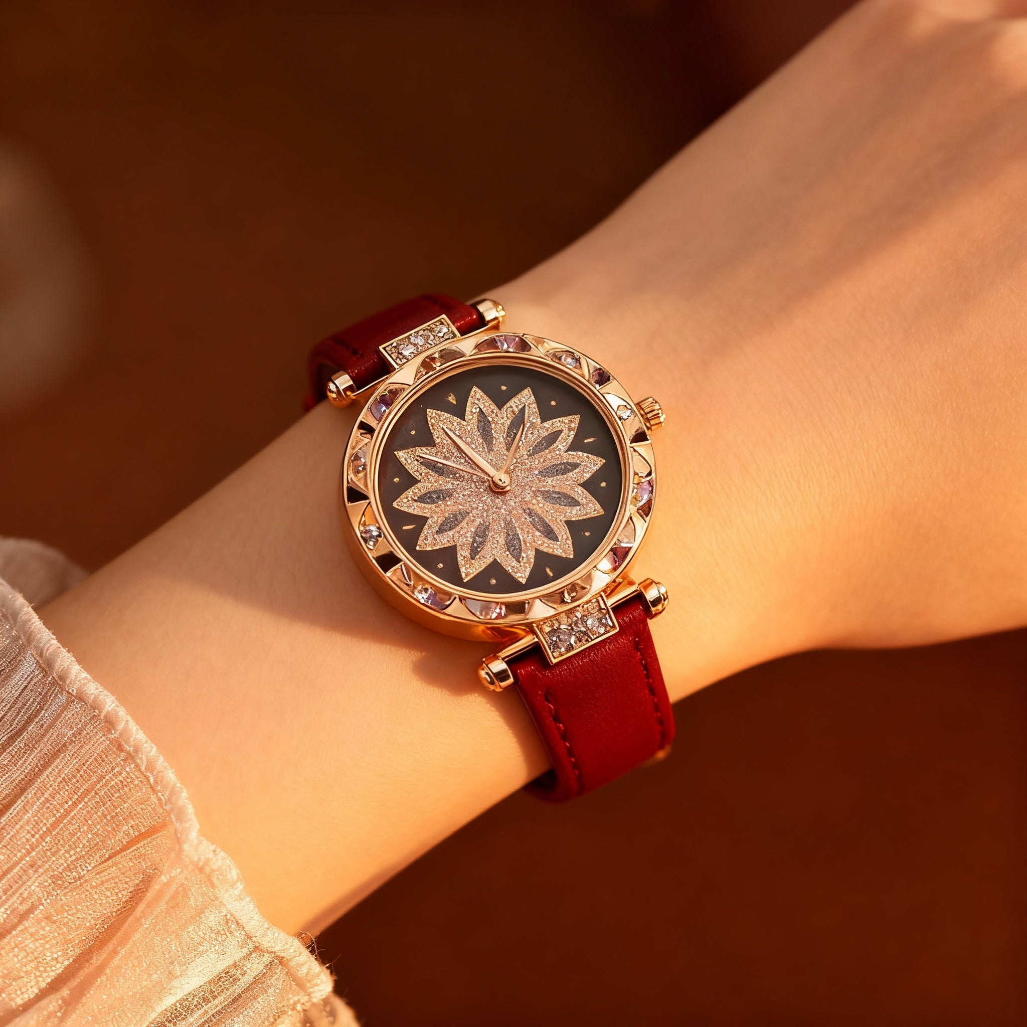 Women’s Luxury Rose-Gold Floral Crystal Dial Watch