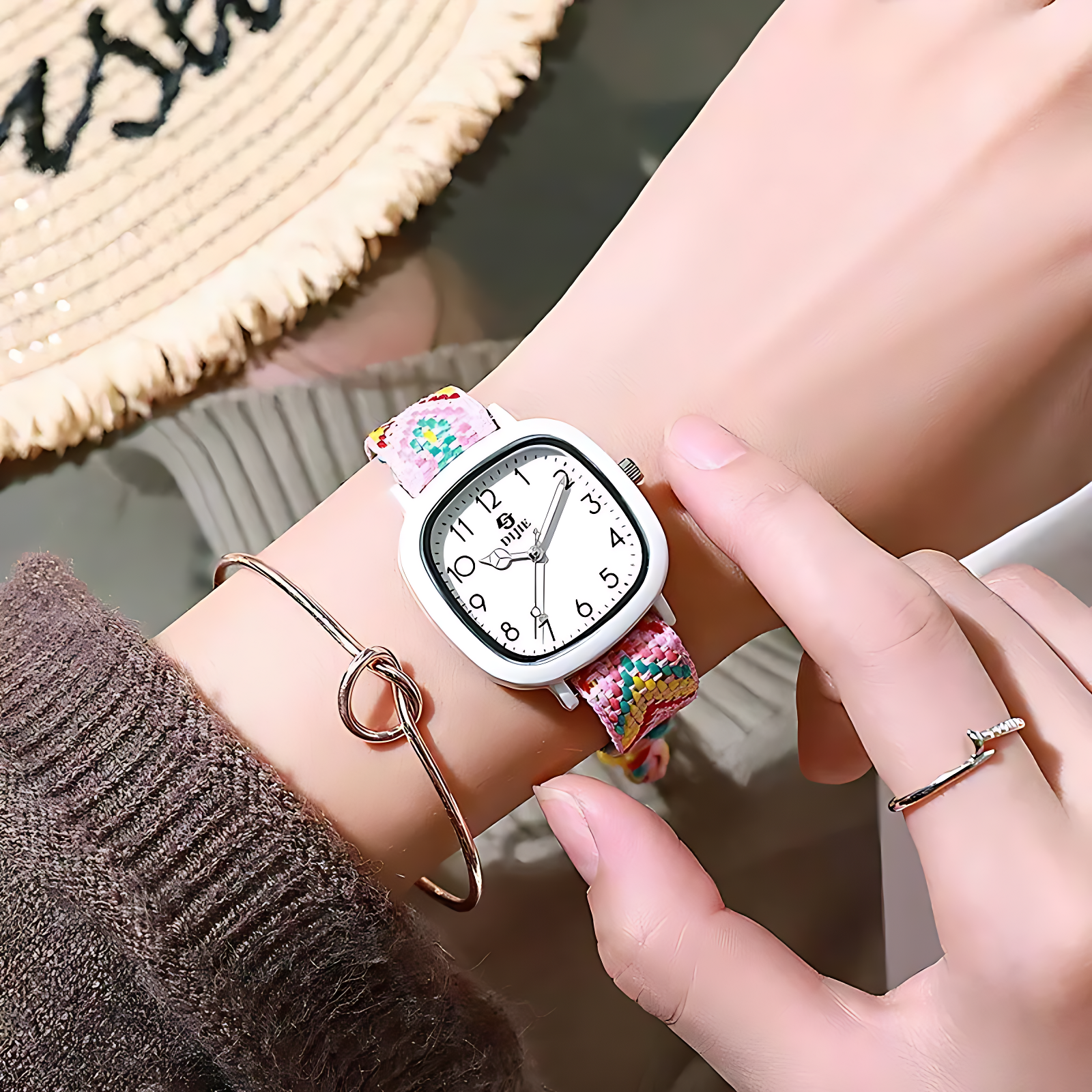 Women’s Pastel Woven Strap Square Dial Watch