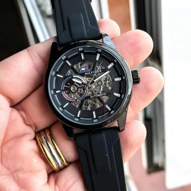 Premium Black Stainless Steel Automatic Skeleton Watch Black Dial Black Silicone Strap Sport Luxury Watch – Men