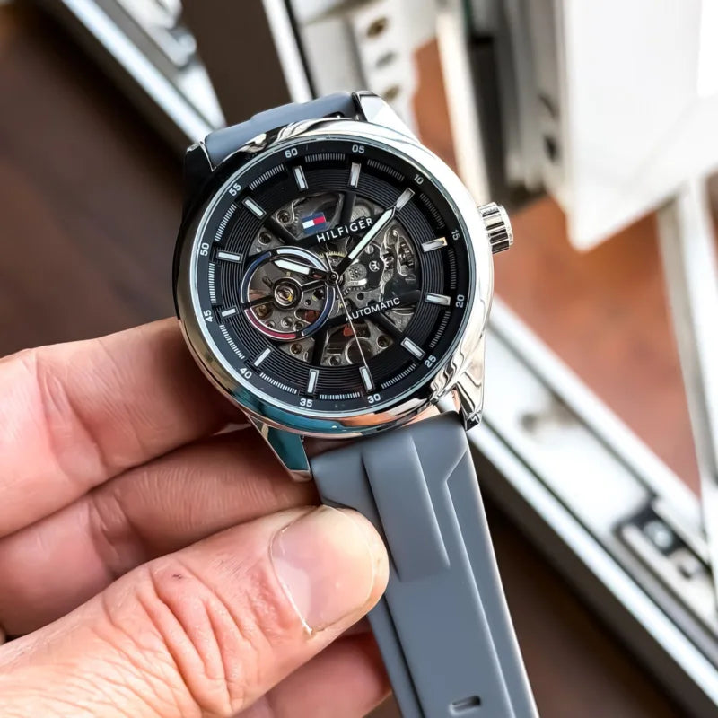 Premium Silver Stainless Steel Automatic Skeleton Watch Black Dial Grey Silicone Strap Modern Sport Luxury Watch – Men