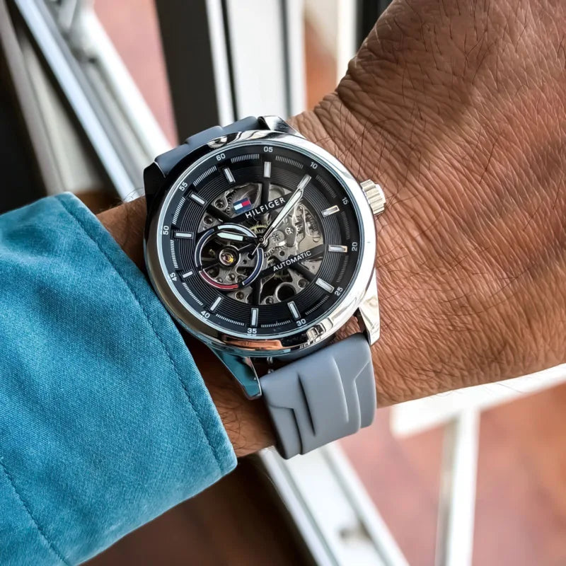 Premium Silver Stainless Steel Automatic Skeleton Watch Black Dial Grey Silicone Strap Modern Sport Luxury Watch – Men