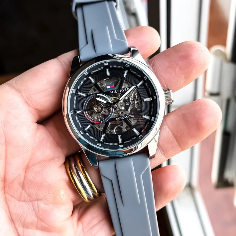 Premium Silver Stainless Steel Automatic Skeleton Watch Black Dial Grey Silicone Strap Modern Sport Luxury Watch – Men