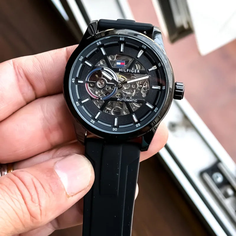 Premium Black Stainless Steel Automatic Skeleton Watch Black Dial Black Silicone Strap Sport Luxury Watch – Men