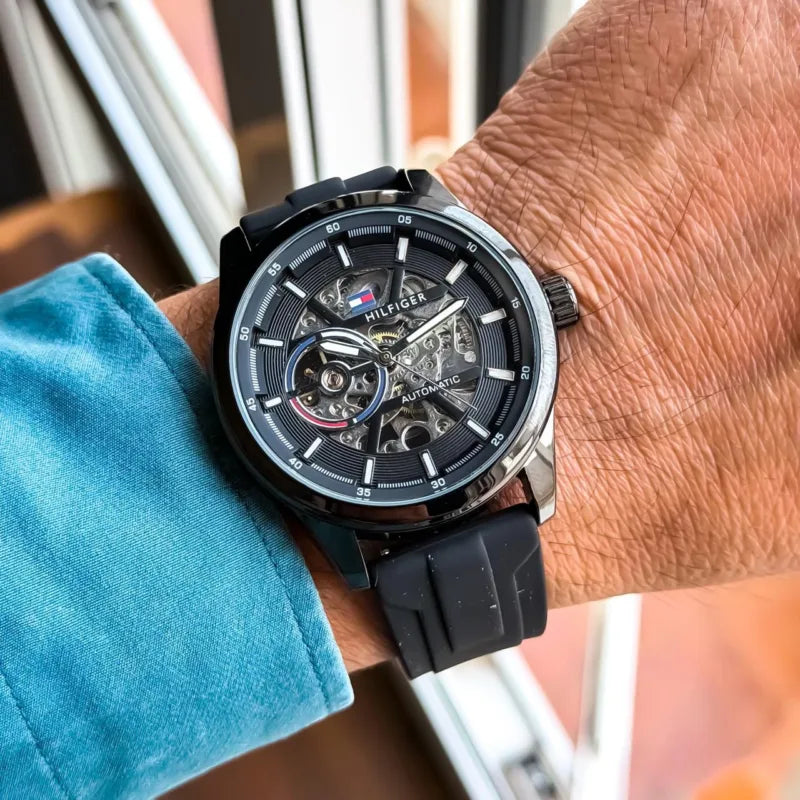 Premium Black Stainless Steel Automatic Skeleton Watch Black Dial Black Silicone Strap Sport Luxury Watch – Men