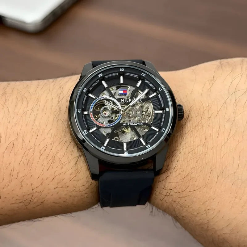 Premium Black Stainless Steel Automatic Skeleton Watch Black Dial Black Silicone Strap Sport Luxury Watch – Men