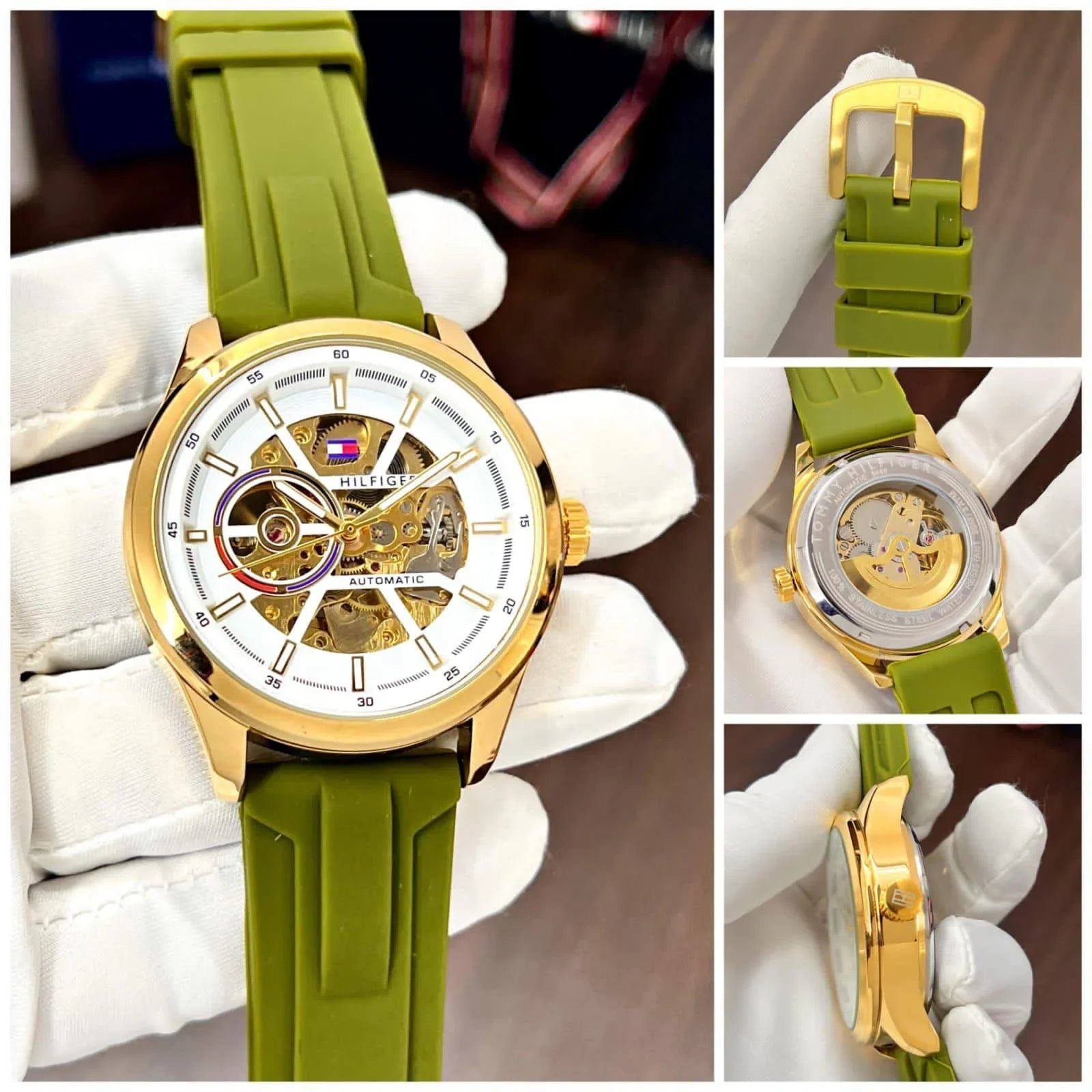Premium Gold Stainless Steel Automatic Skeleton Watch Olive Green Silicone Strap Luxury Sport Watch – Men