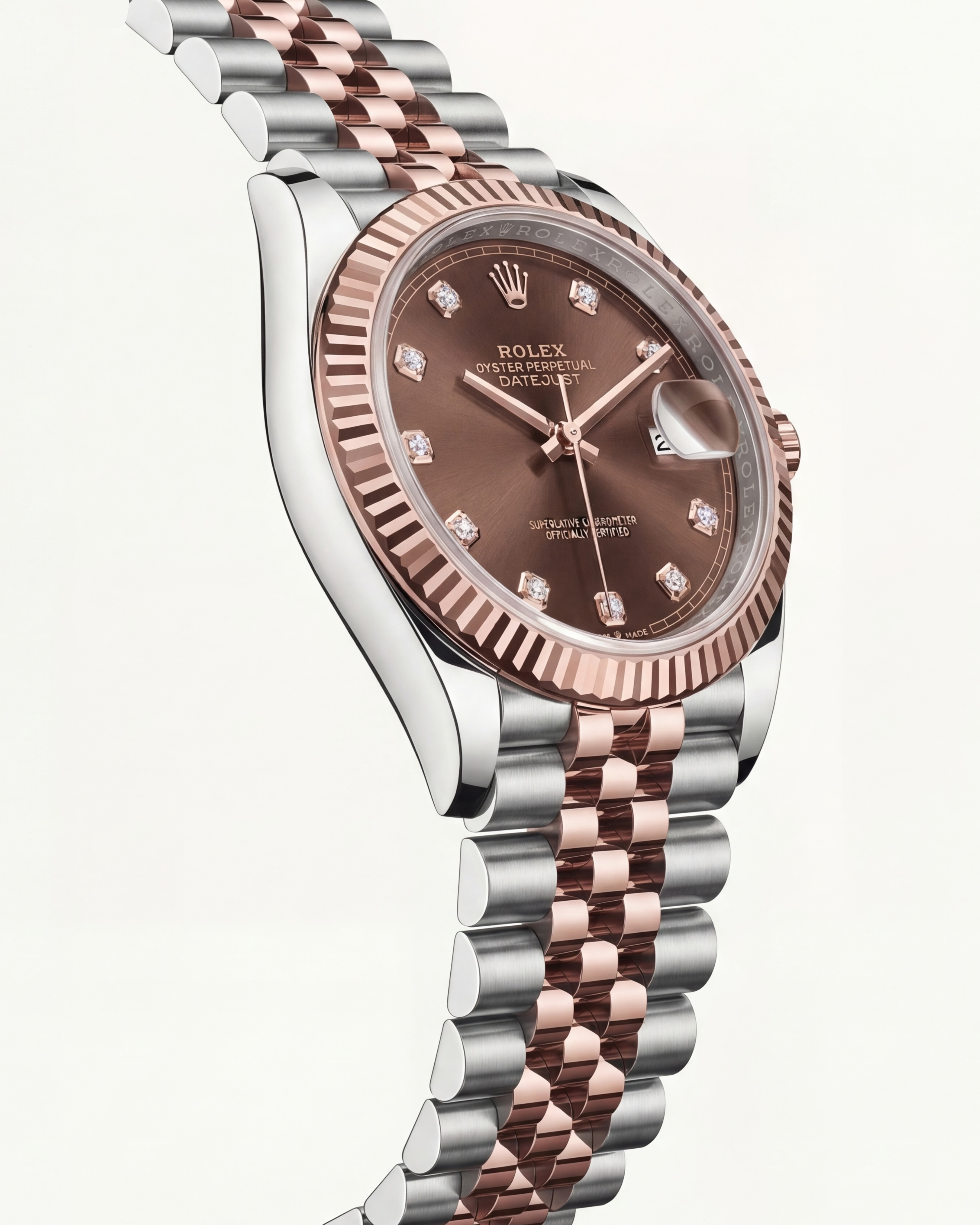 Luxury Two-Tone Stainless Steel Watch Rose Gold Fluted Bezel Chocolate Sunburst Dial Diamond Markers Date Automatic Watch – Men