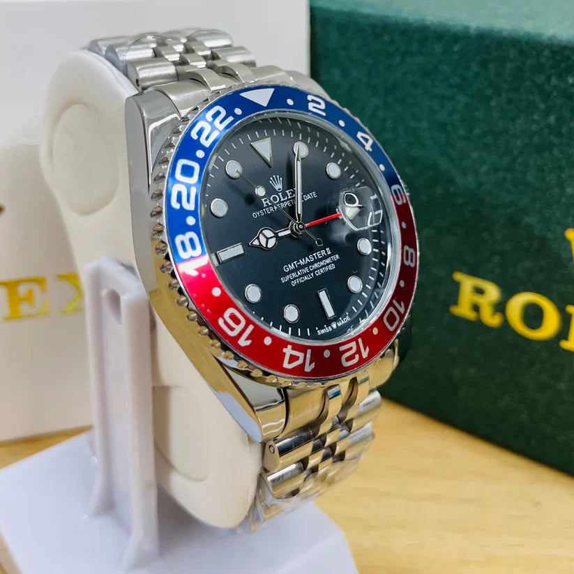 Premium Silver GMT Style Luxury Watch Blue Red Pepsi Bezel Jubilee Bracelet Classic Statement Watch – Men