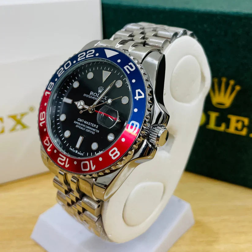 Premium Silver GMT Style Luxury Watch Blue Red Pepsi Bezel Jubilee Bracelet Classic Statement Watch – Men
