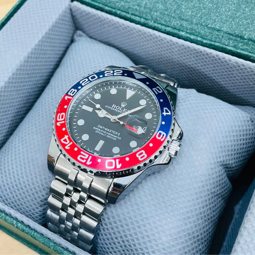 Premium Silver GMT Style Luxury Watch Blue Red Pepsi Bezel Jubilee Bracelet Classic Statement Watch – Men