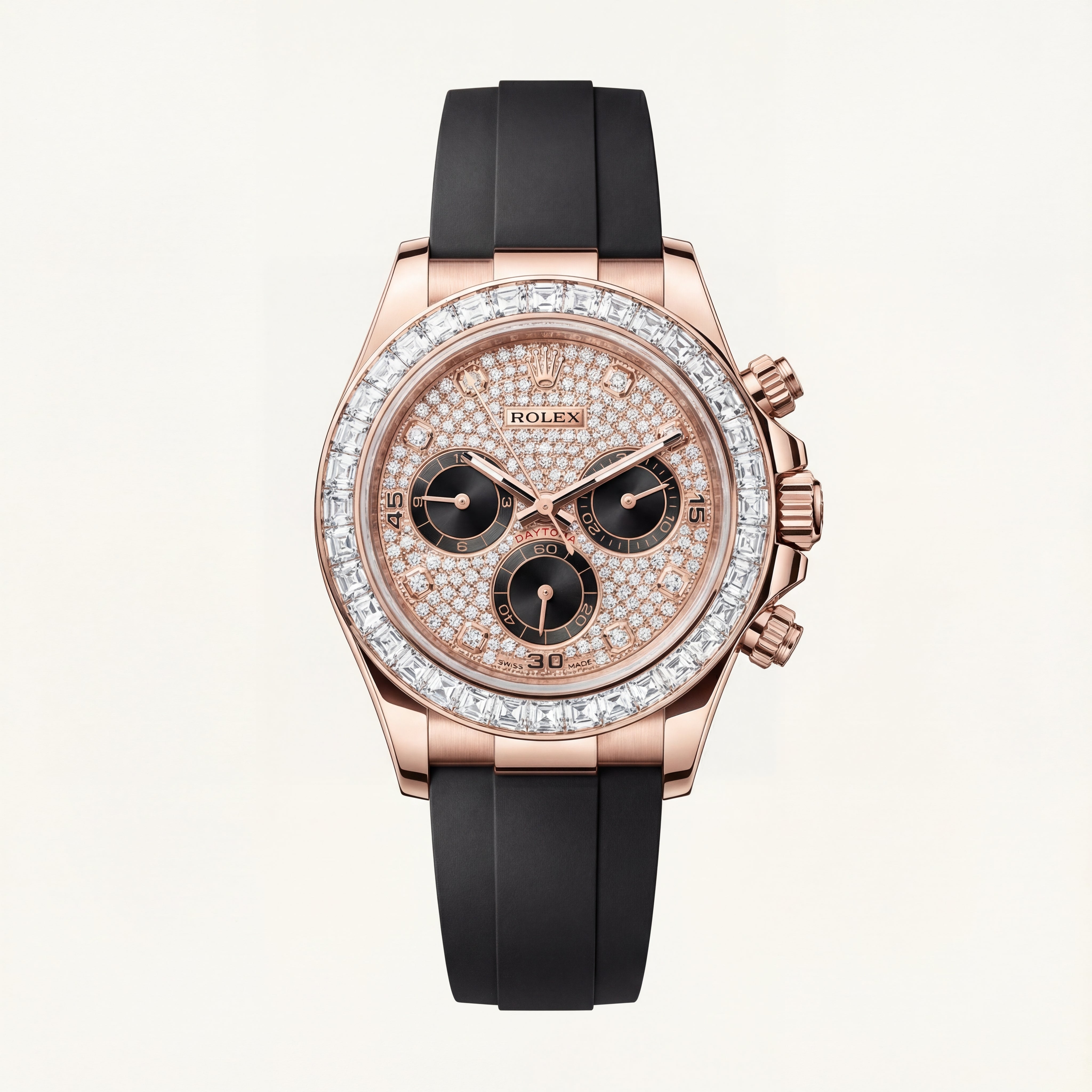 Rose Gold Diamond Bezel Chronograph Watch with Black Rubber Strap
