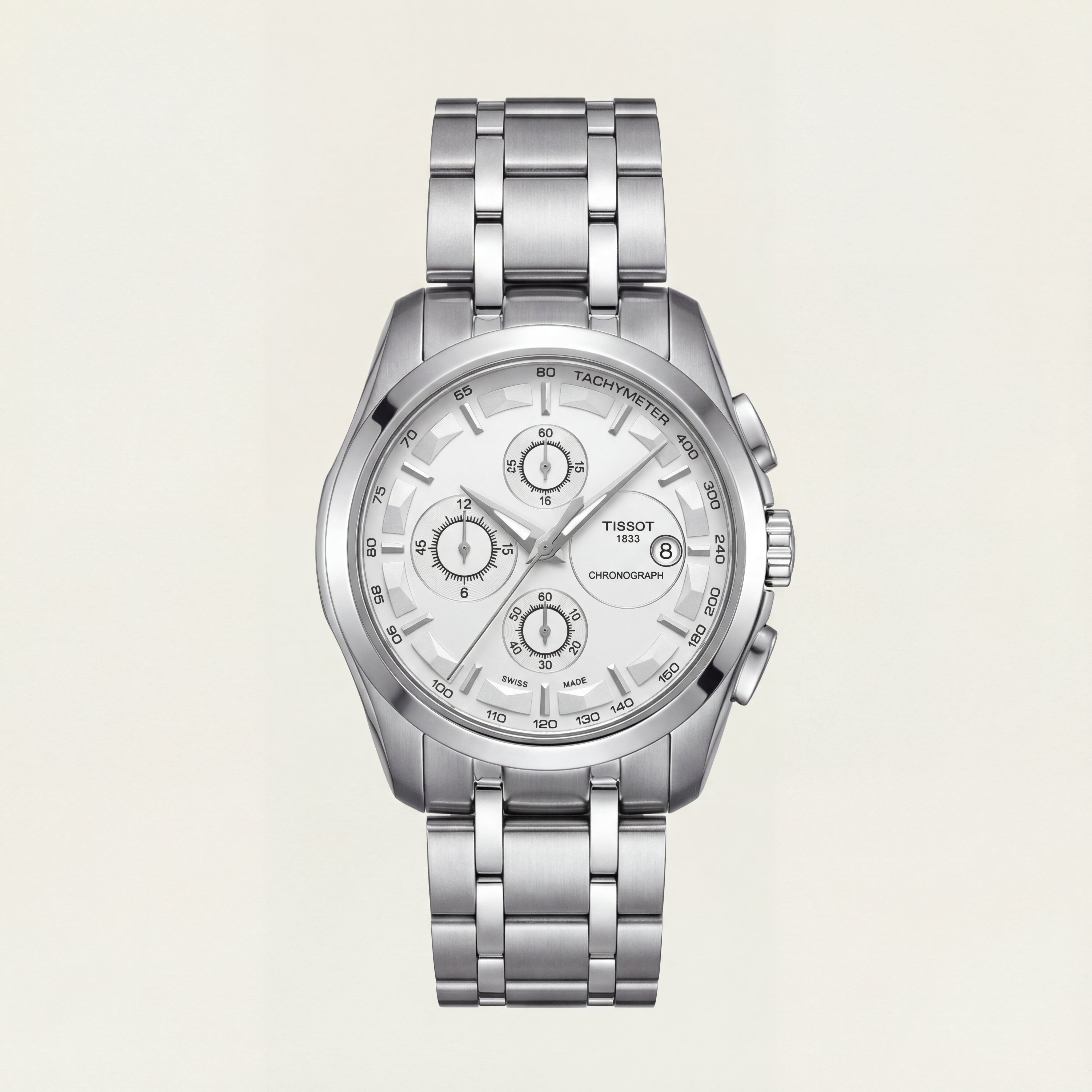 Premium Silver Chronograph Watch with White Dial & Steel Bracelet