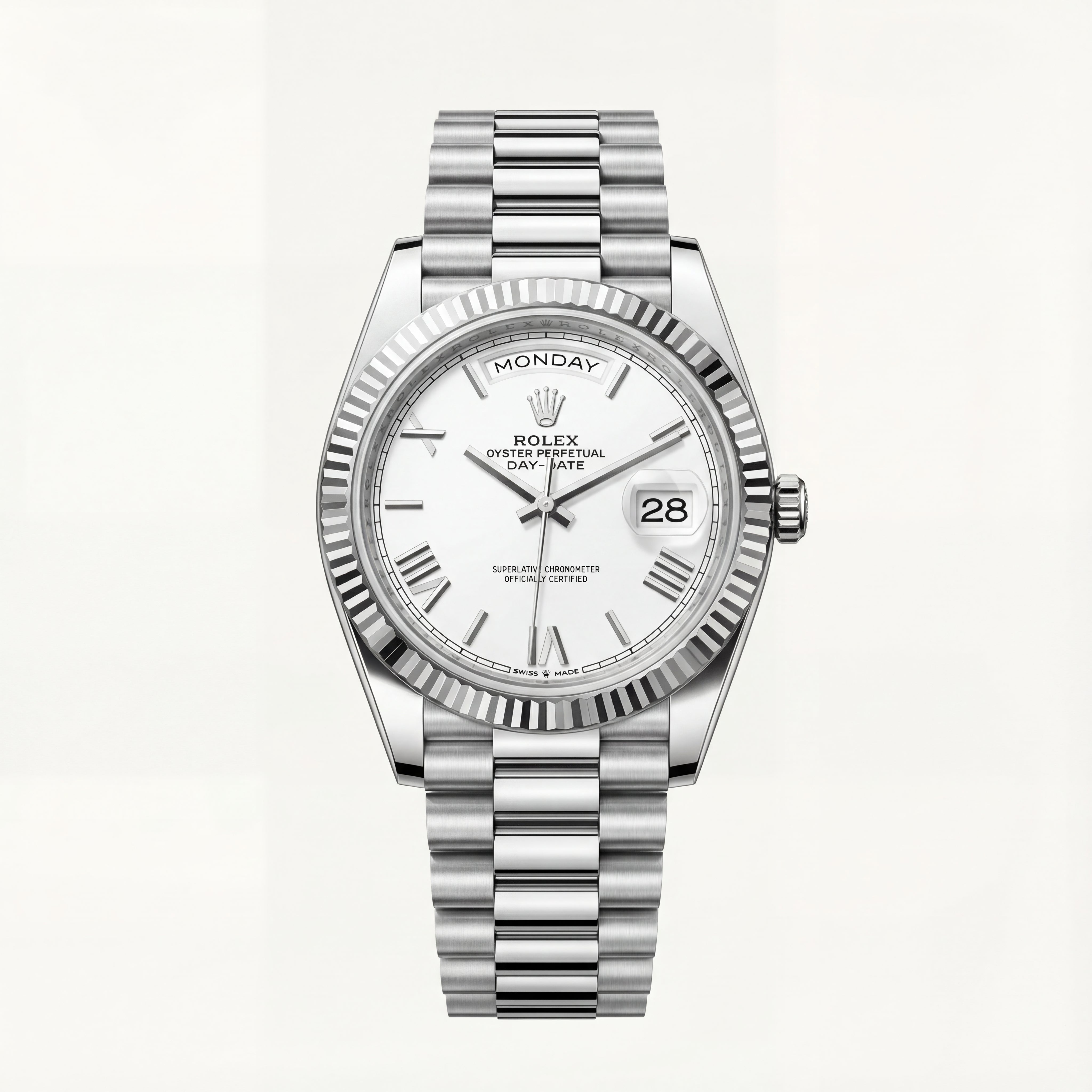 Classic White Dial Fluted Steel Day-Date Watch