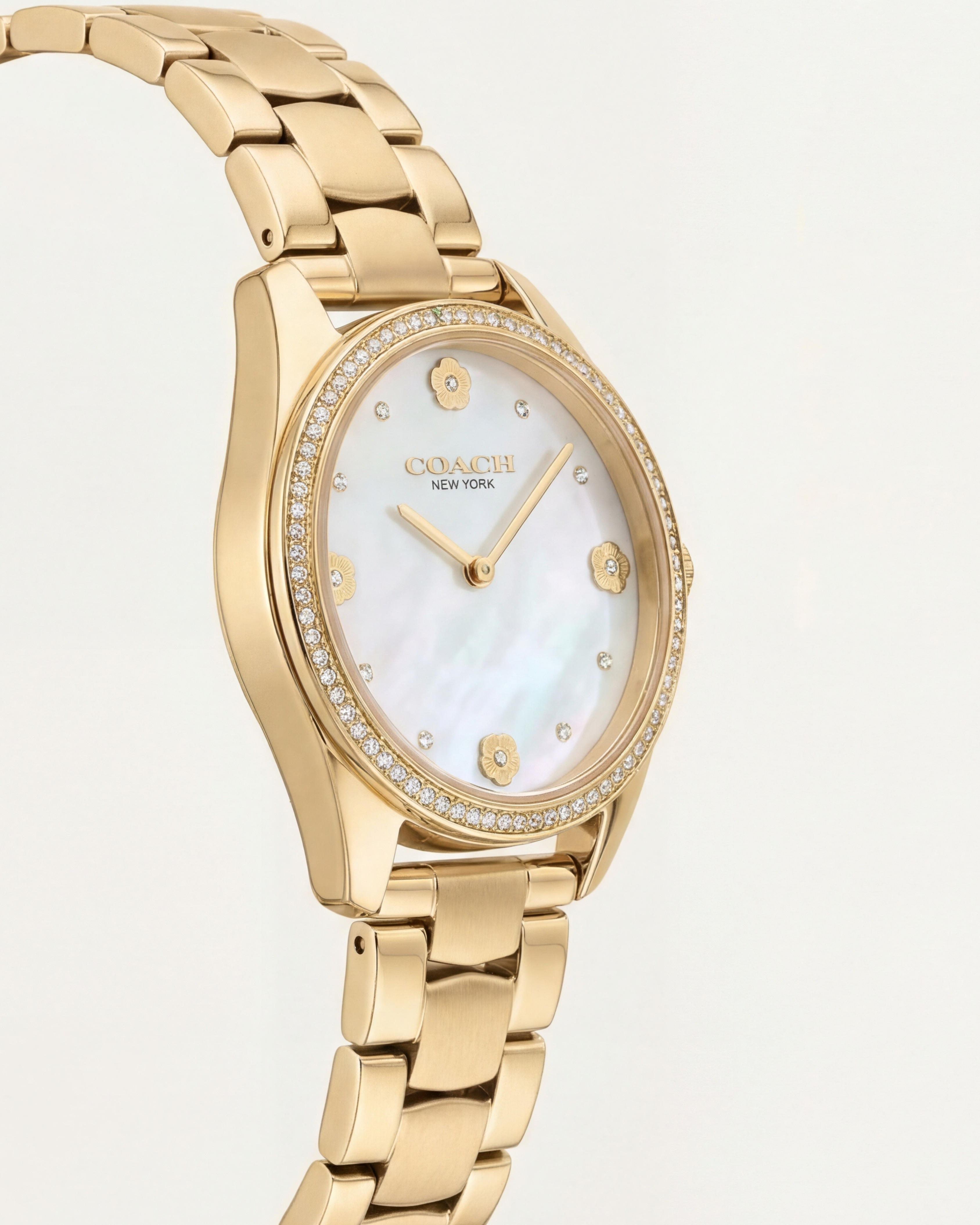 Gold Tone Crystal Bezel Mother of Pearl Floral Dial Elegant Bracelet Watch
