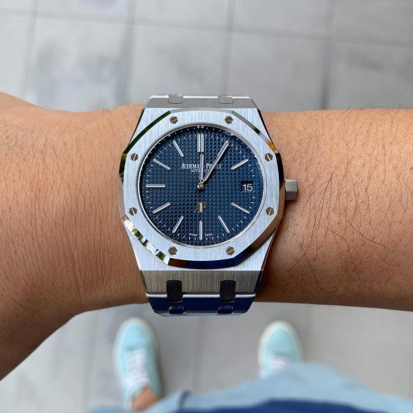 Premium Silver Stainless Steel Automatic Watch Blue Textured Dial Octagonal Bezel Luxury Watch – Men
